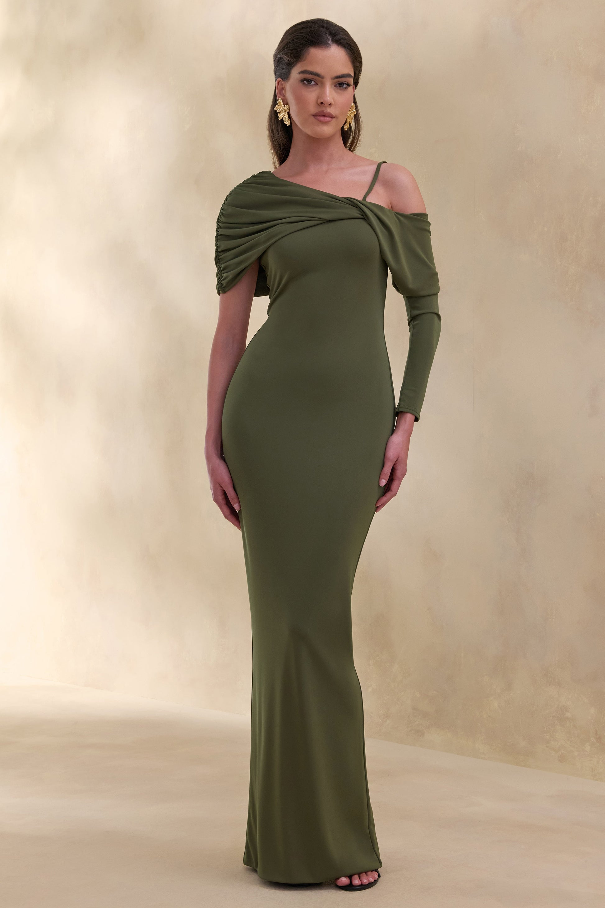 Silvaria | Olive Twisted Asymmetric-Neck Maxi Dress
