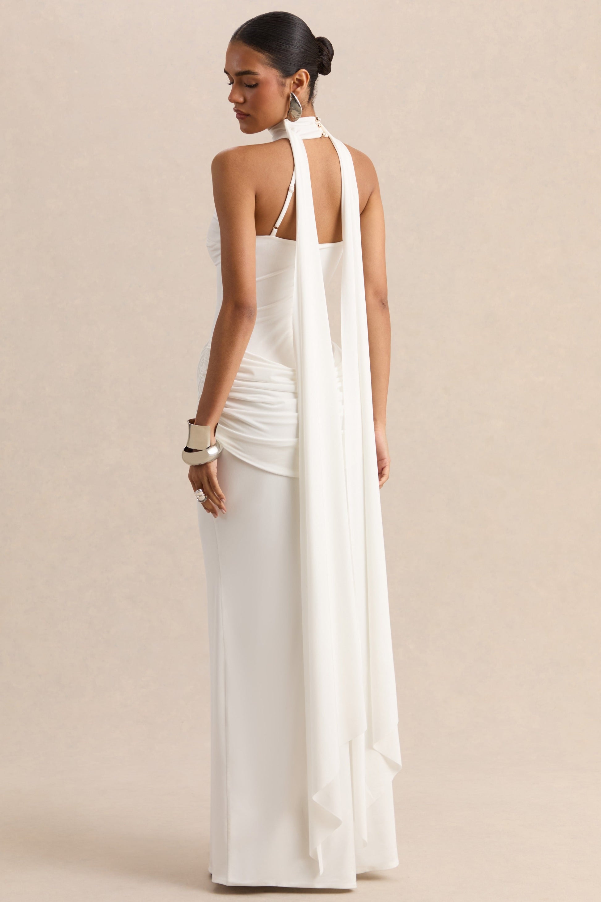 Lorintha | White High-Neck Maxi Dress With Draped-Detailing