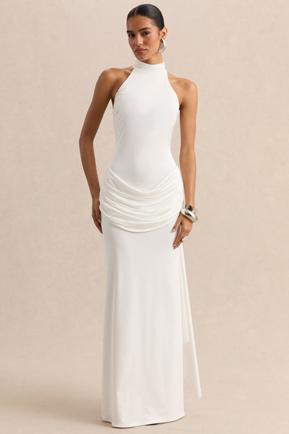 Lorintha | White High-Neck Maxi Dress With Draped-Detailing