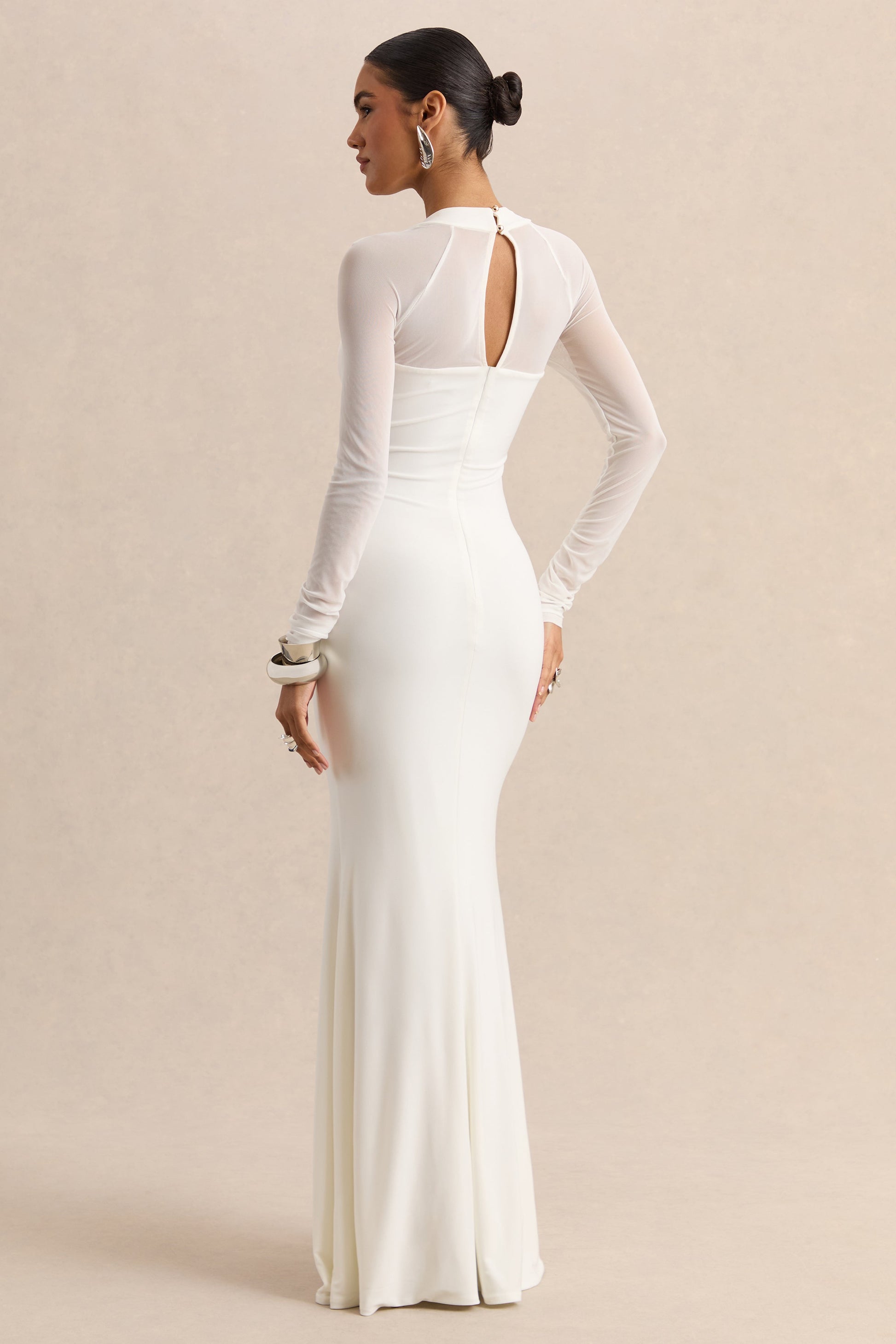 Fleurisia | White Square-Neck Maxi Dress With Mesh Long-Sleeves