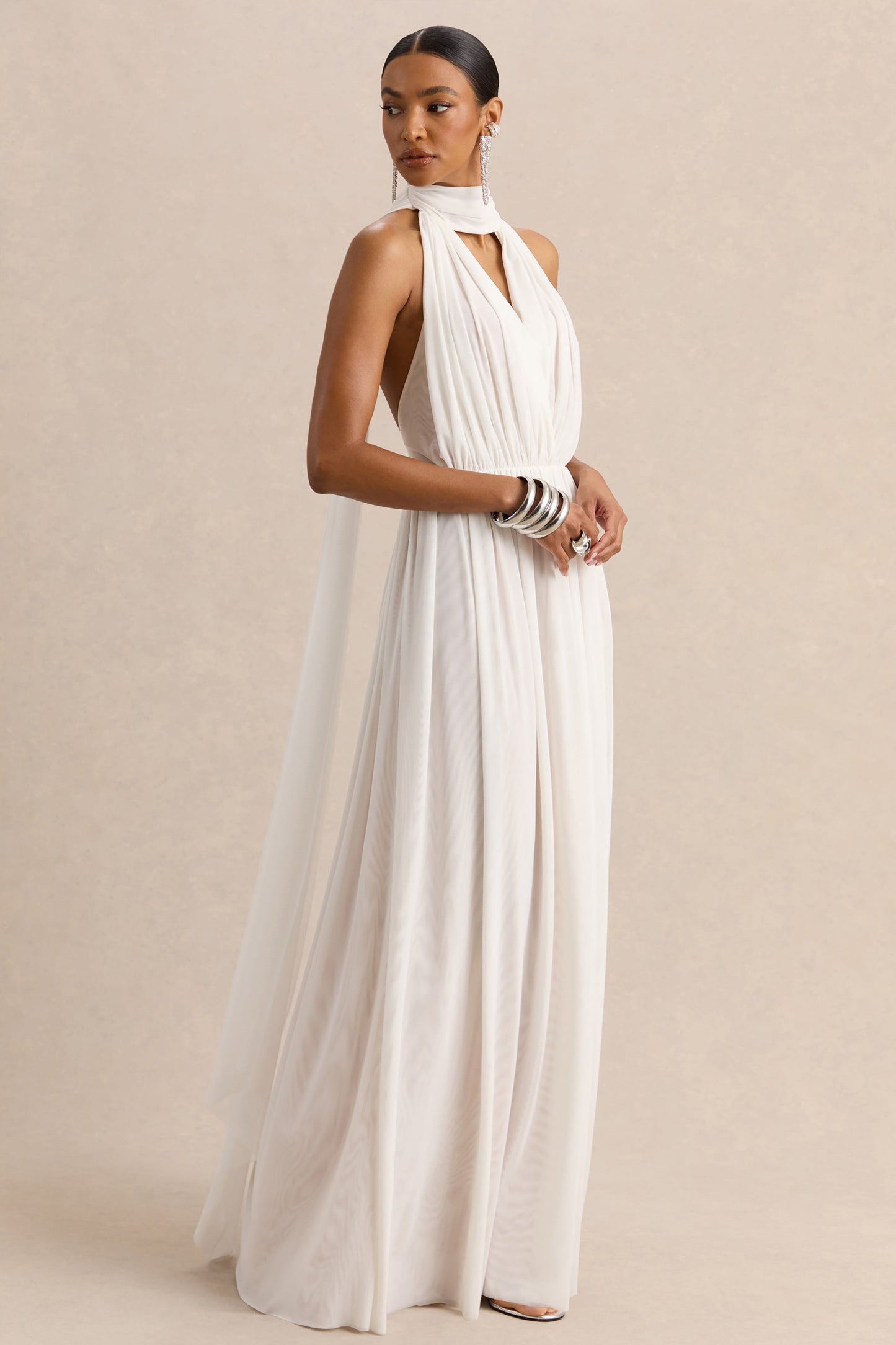 Rylina | White Mesh Halter-Neck Maxi Dress With Scarf And Open-Back