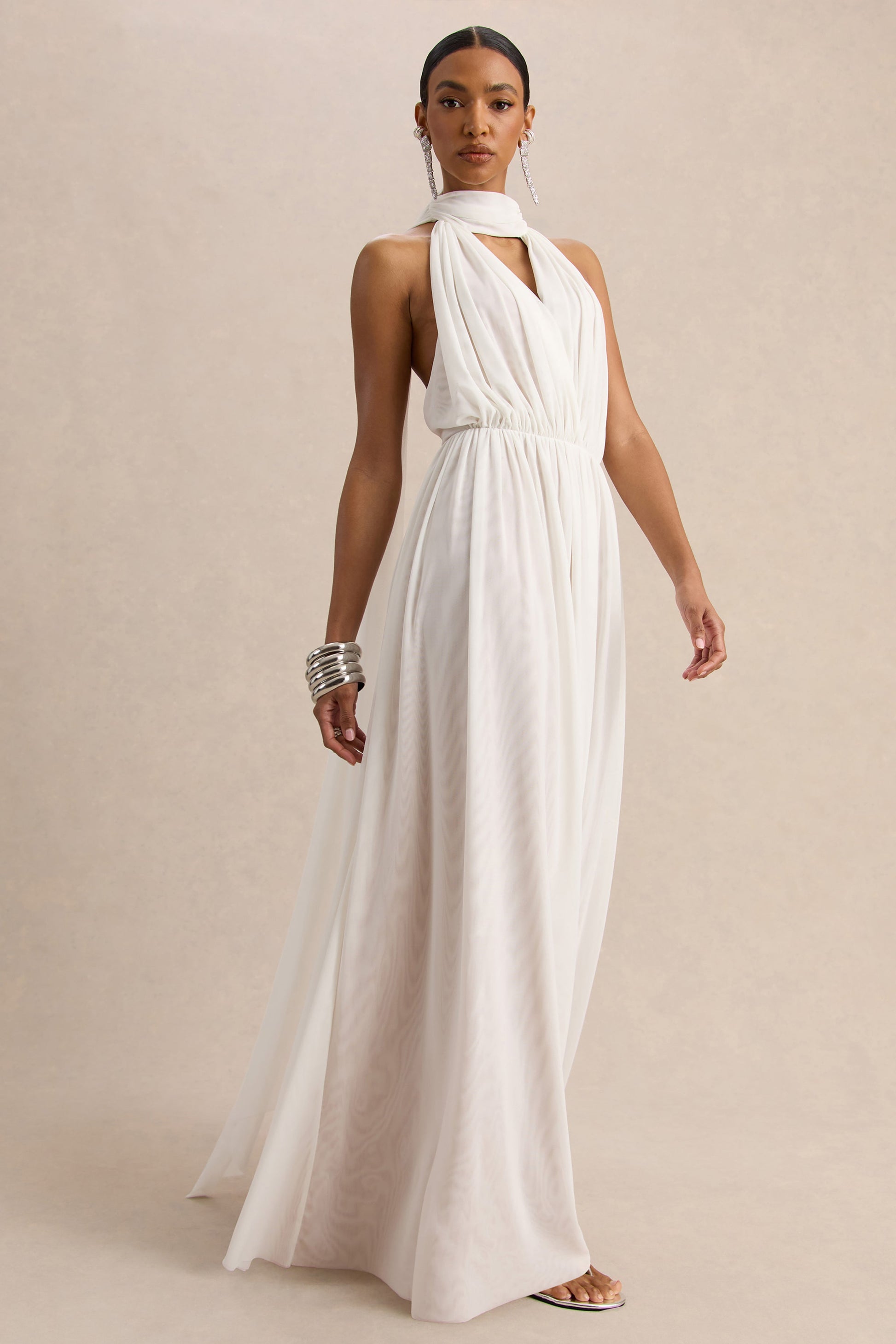 Rylina | White Mesh Halter-Neck Maxi Dress With Scarf And Open-Back
