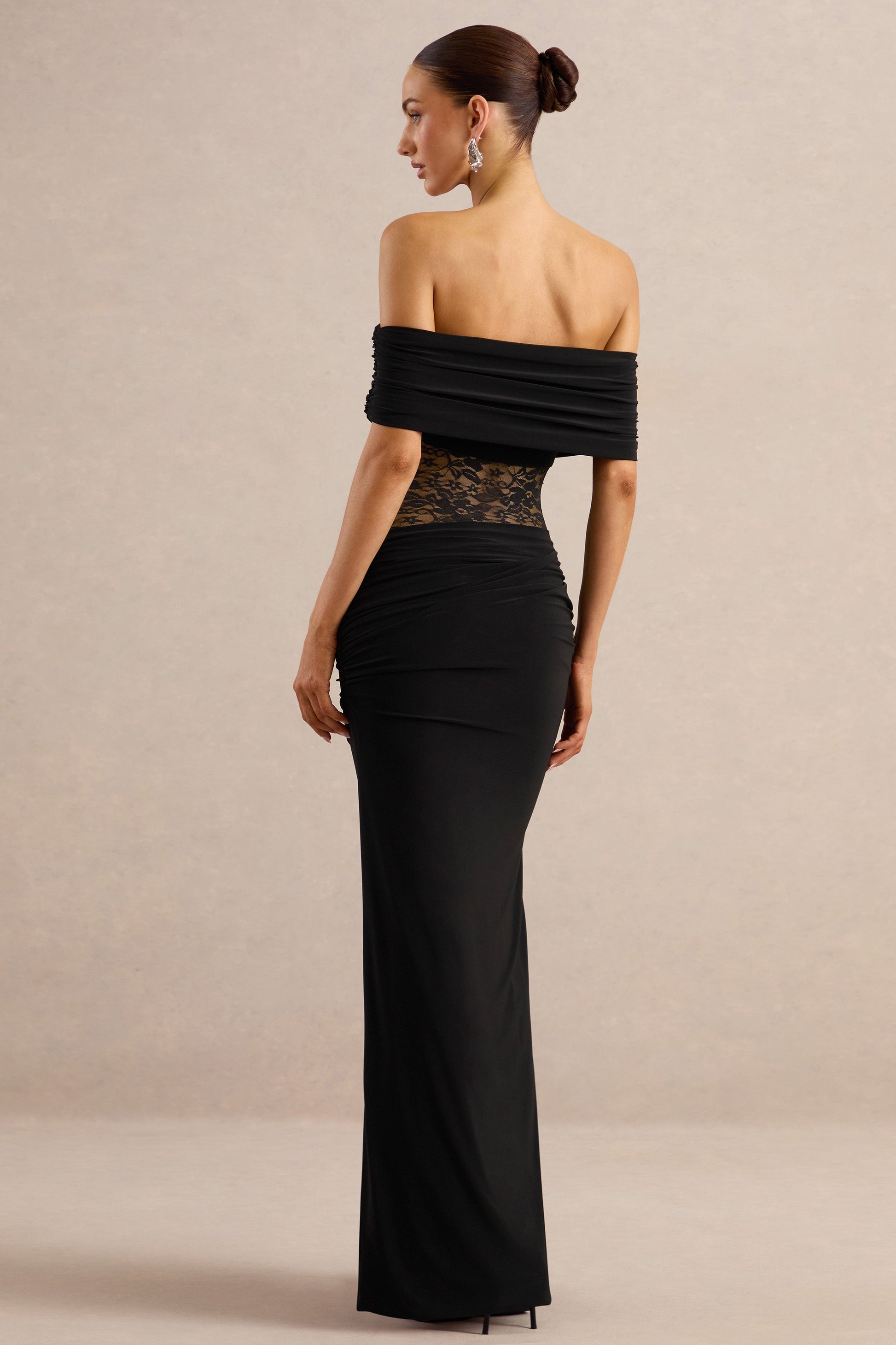 Forsya | Black Bardot-Neck Maxi Dress With Lace-Detailing