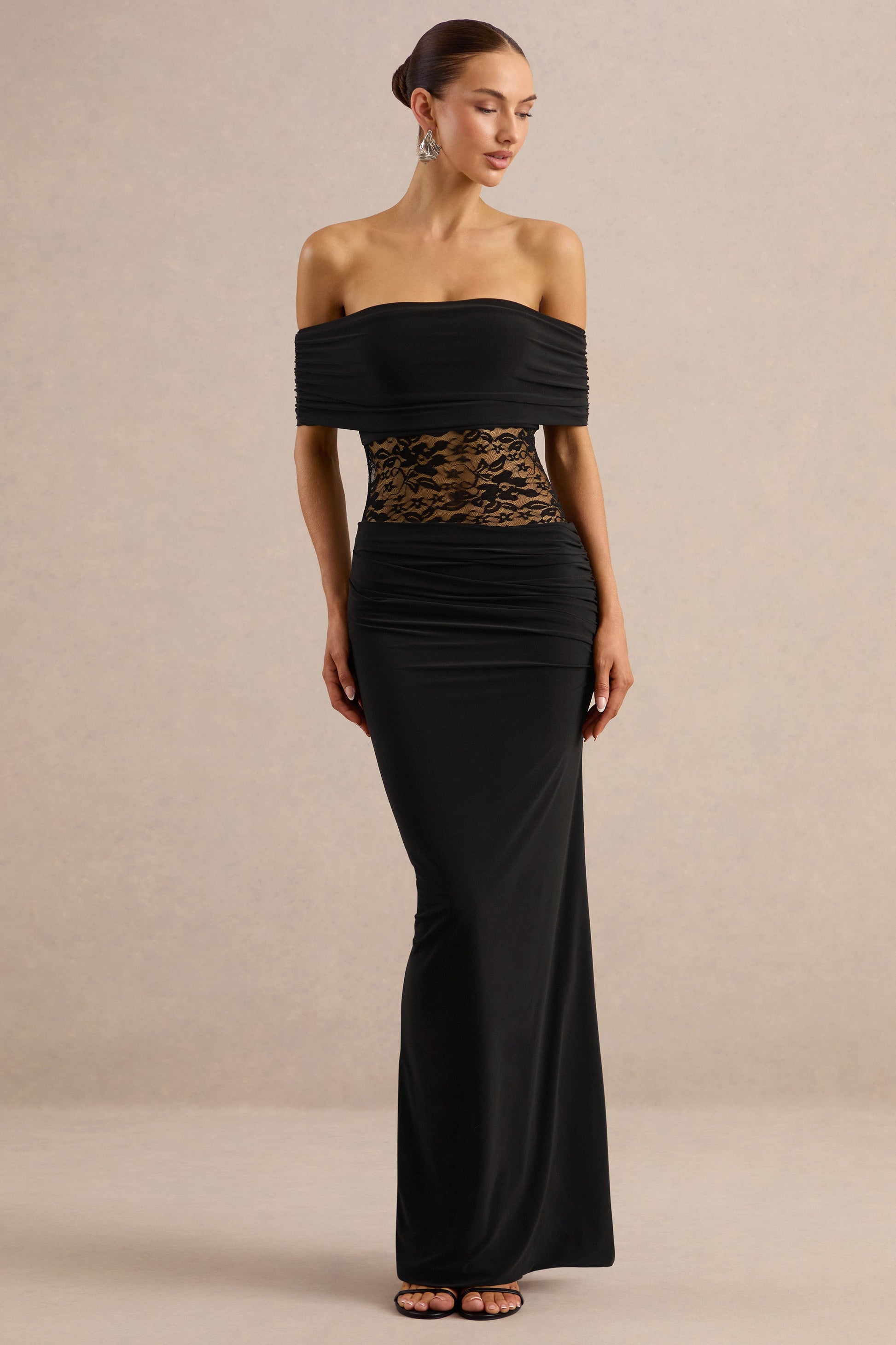 Forsya | Black Bardot-Neck Maxi Dress With Lace-Detailing