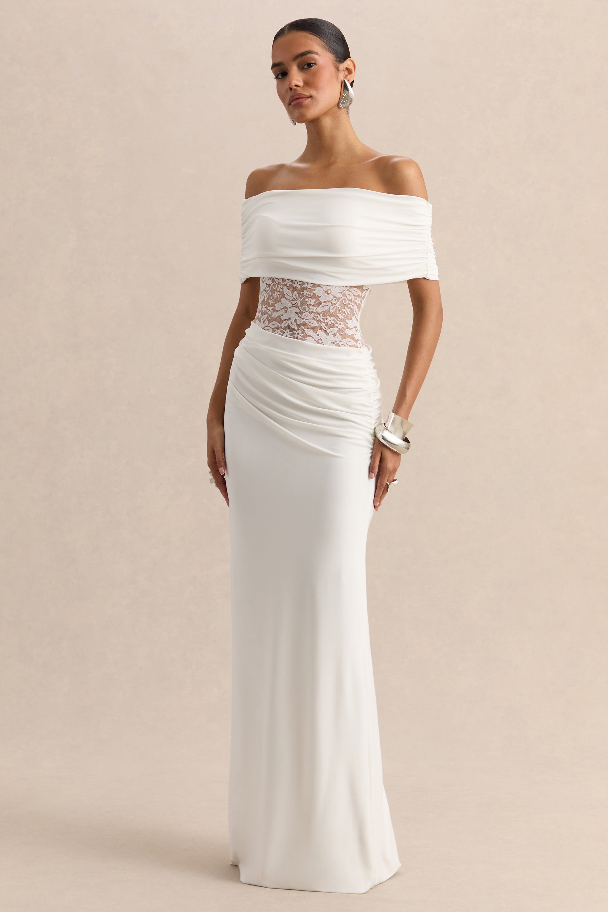 Forsya | White Bardot-Neck Maxi Dress With Lace-Detailing