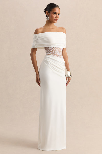 Forsya | White Bardot-Neck Maxi Dress With Lace-Detailing