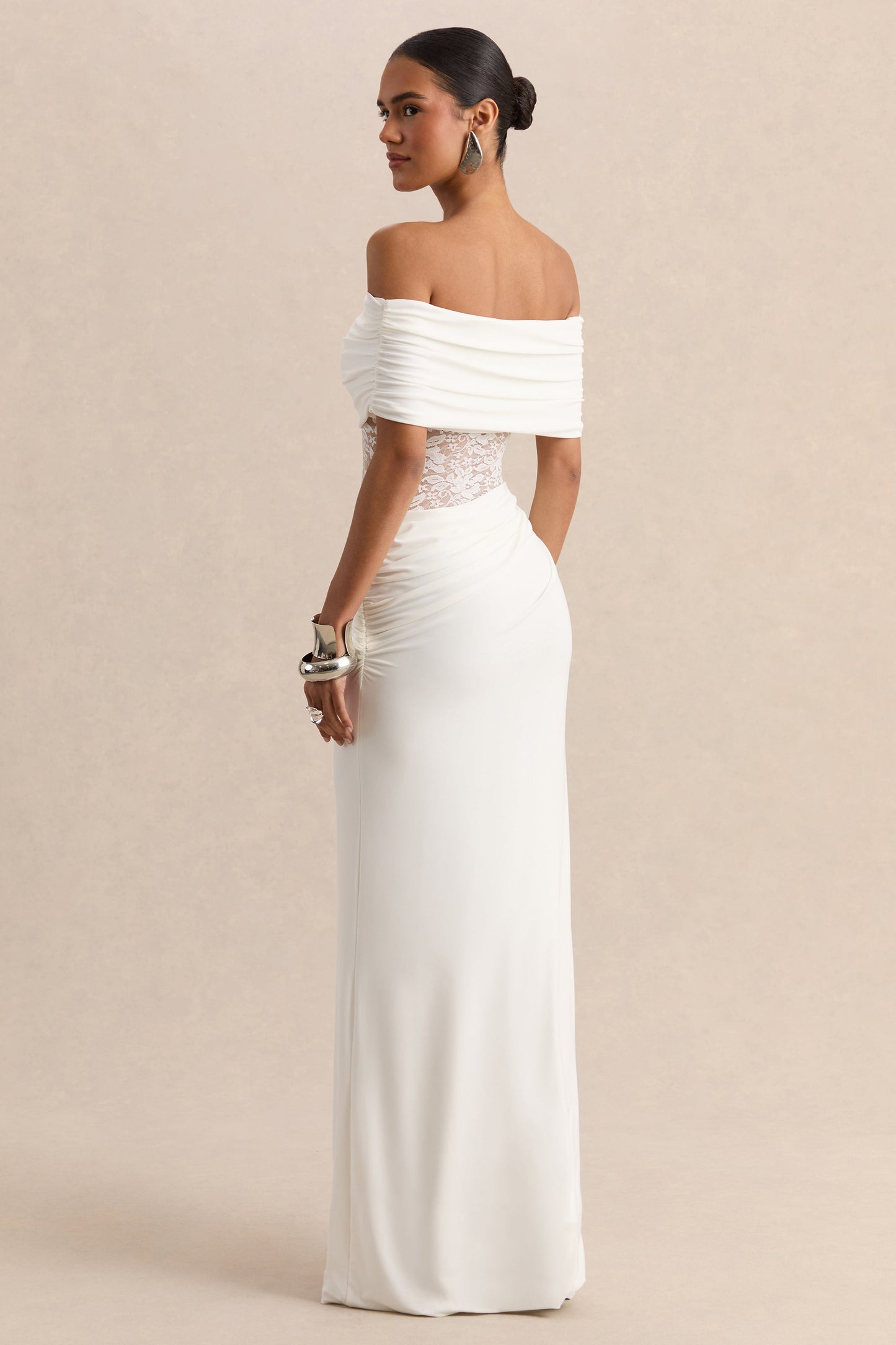 Forsya | White Bardot-Neck Maxi Dress With Lace-Detailing