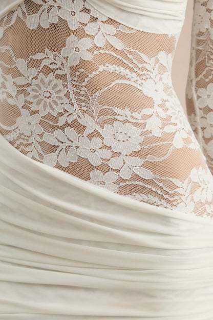 Milavia | White Lace Crew-Neck Mini Dress With Wrap & Sash Detail