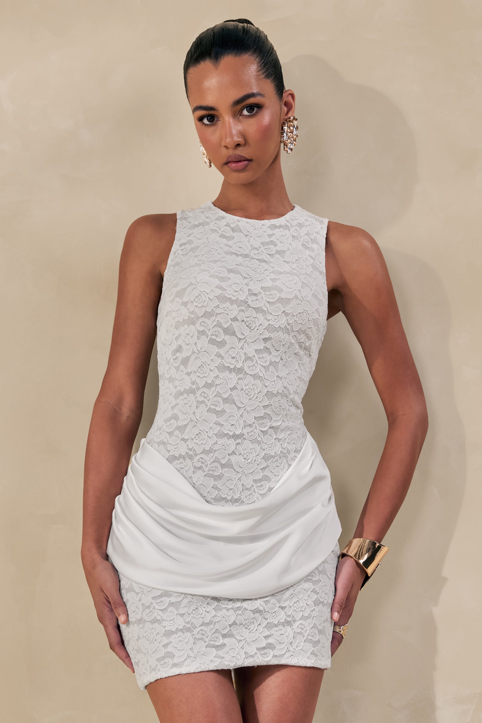 Setiana | White Lace Round-Neck Mini Dress With Draped-Detailing