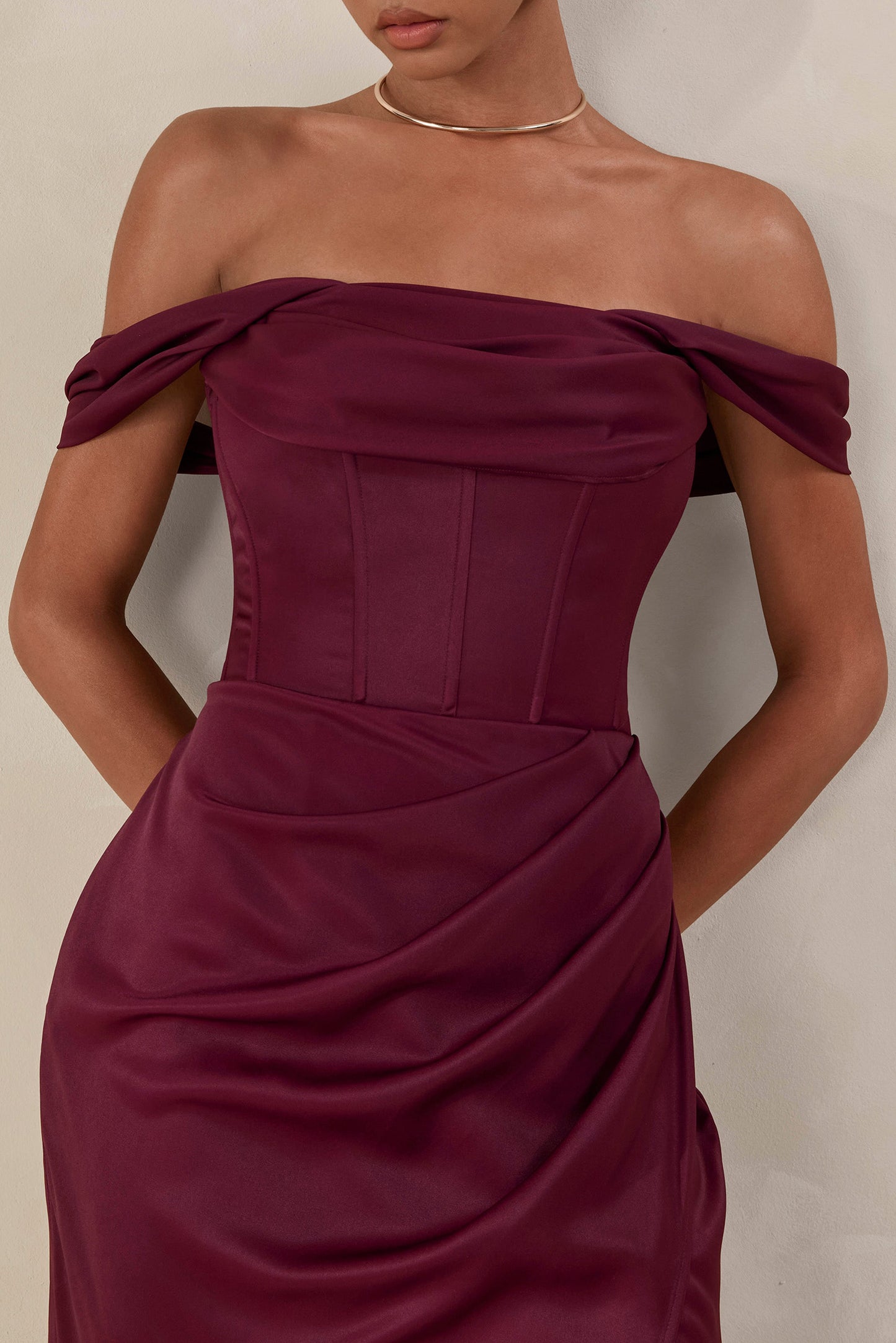Celinea | Burgundy Satin Bardot-Neck Maxi Dress With Front-High Split