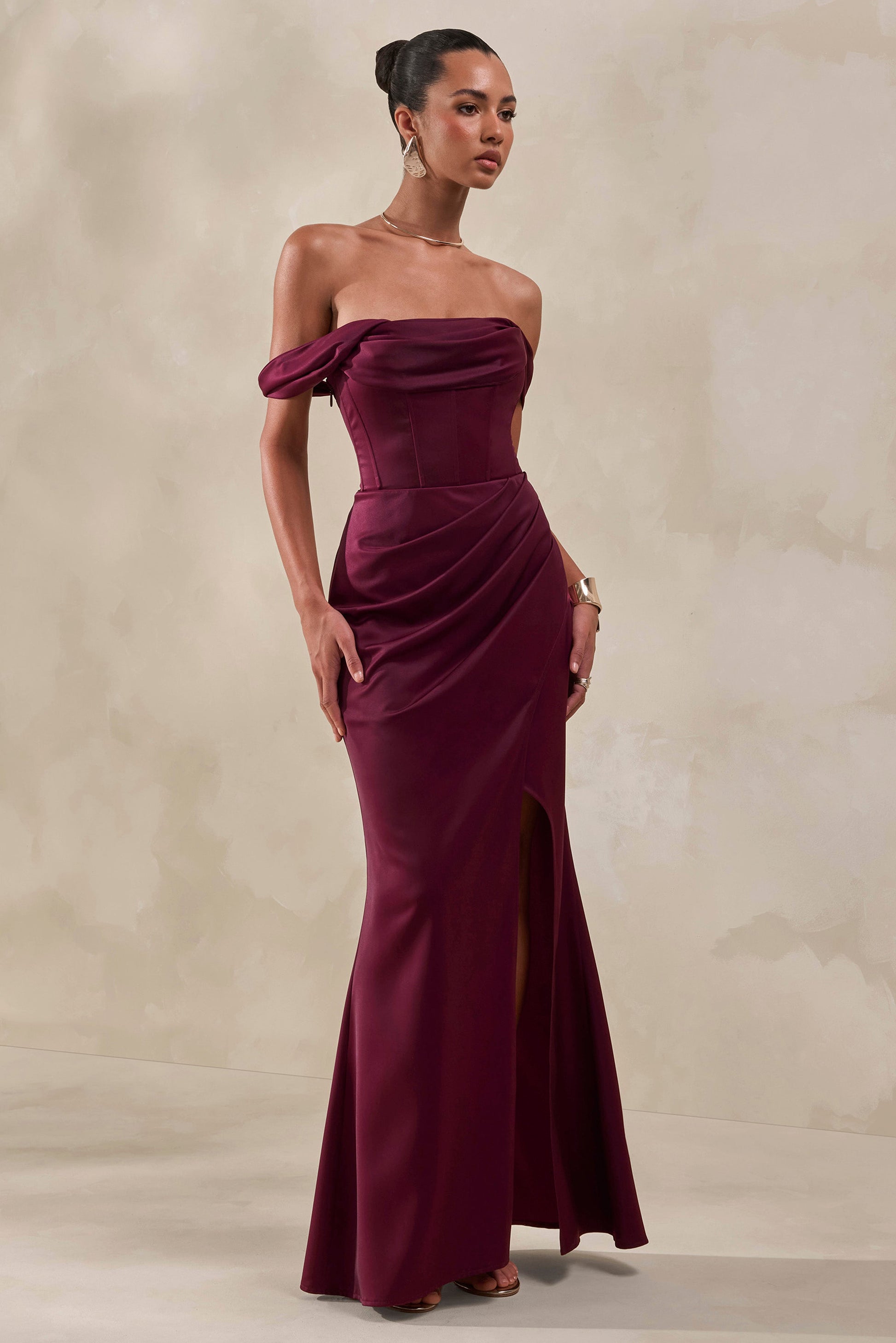 Celinea | Burgundy Satin Bardot-Neck Maxi Dress With Front-High Split