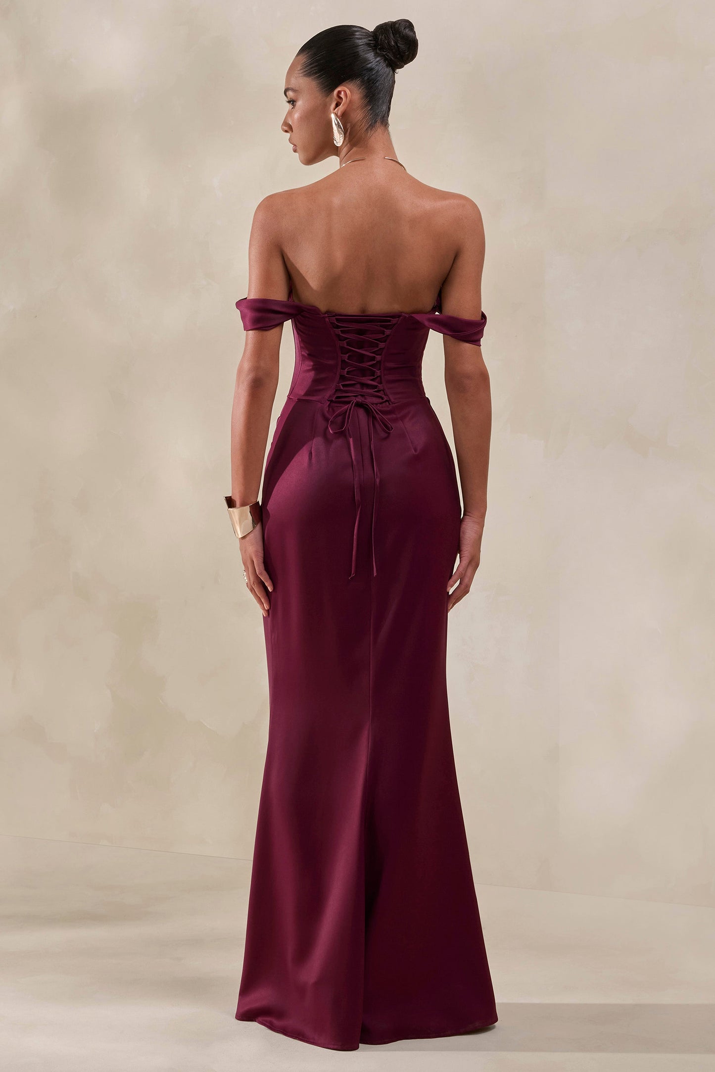 Celinea | Burgundy Satin Bardot-Neck Maxi Dress With Front-High Split