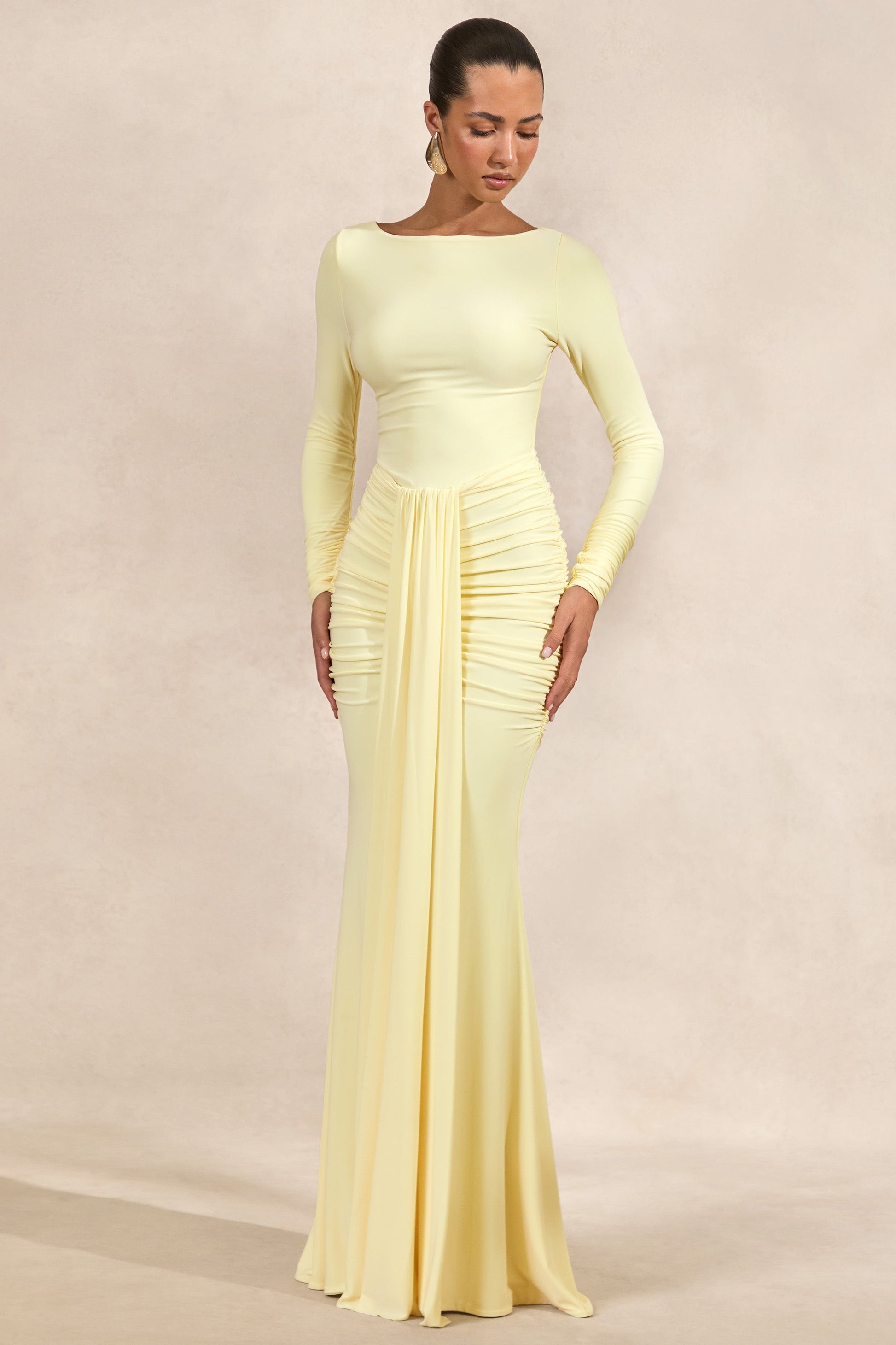 Liatris | Lemon Wide-Neck Maxi-Dress With Gathered-Detailing