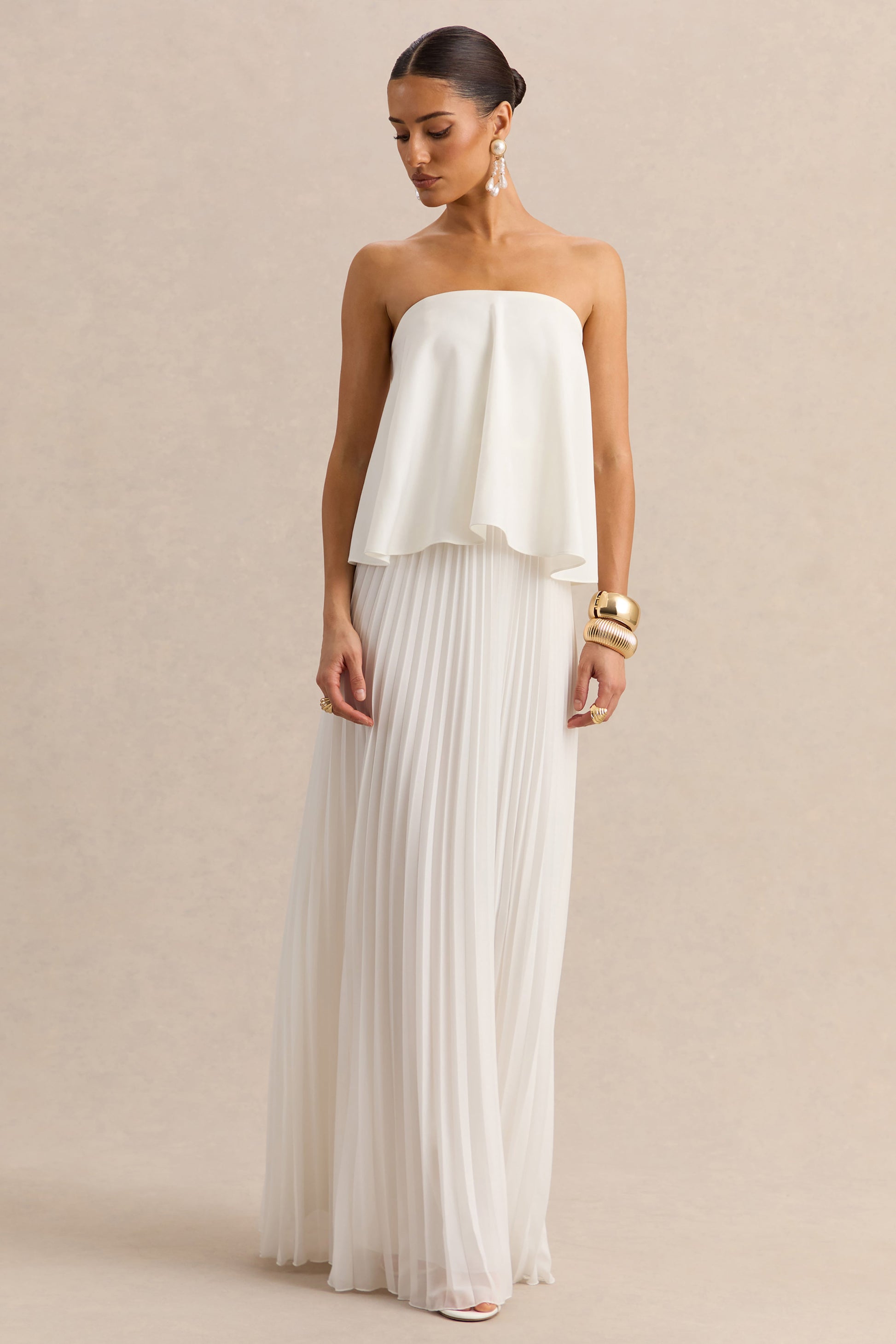 Saralyn | White Bandeau Maxi Dress With Pleated-Skirt