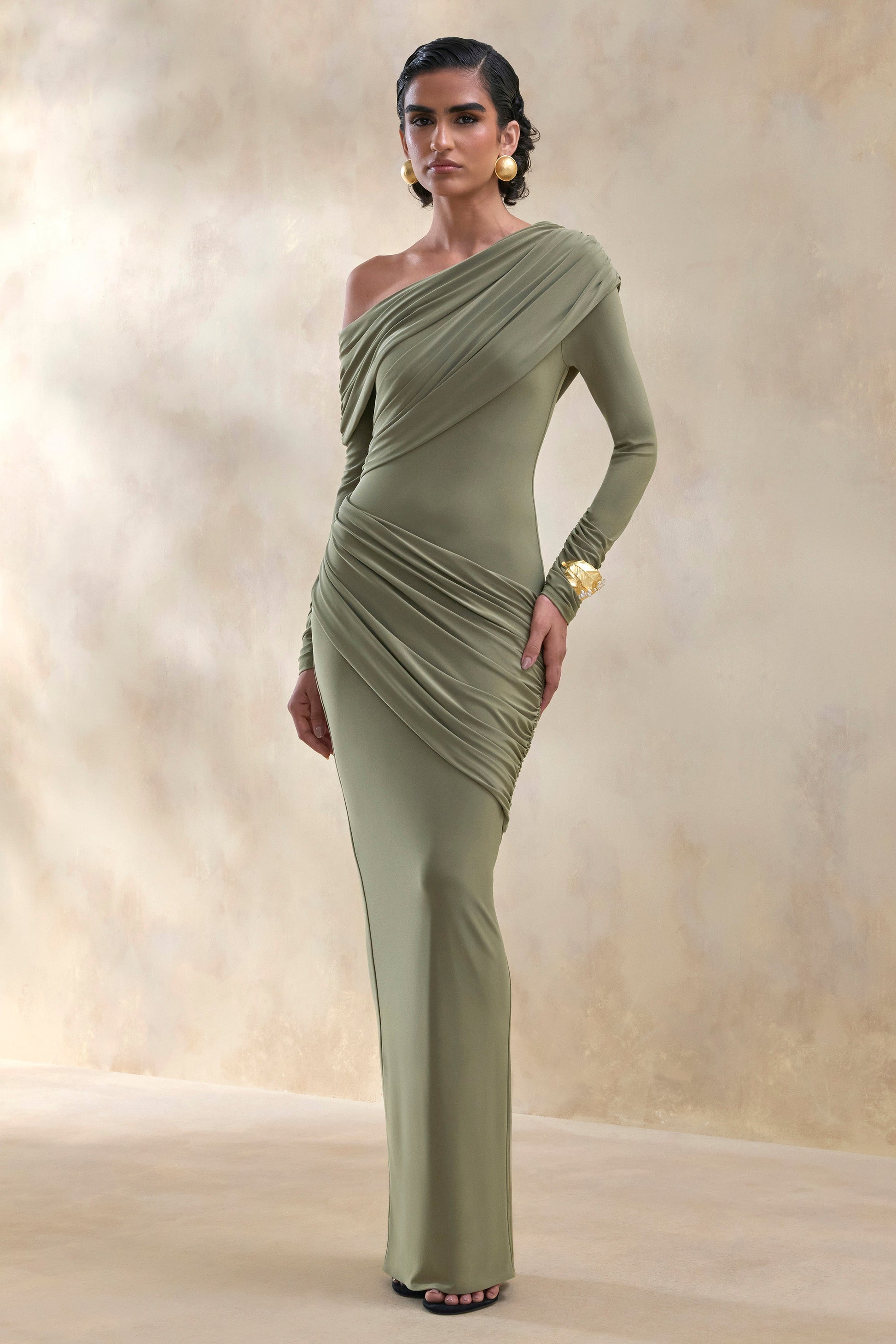 Rosirene | Olive Asymmetric-Neck Maxi Dress With Draped-Detailing