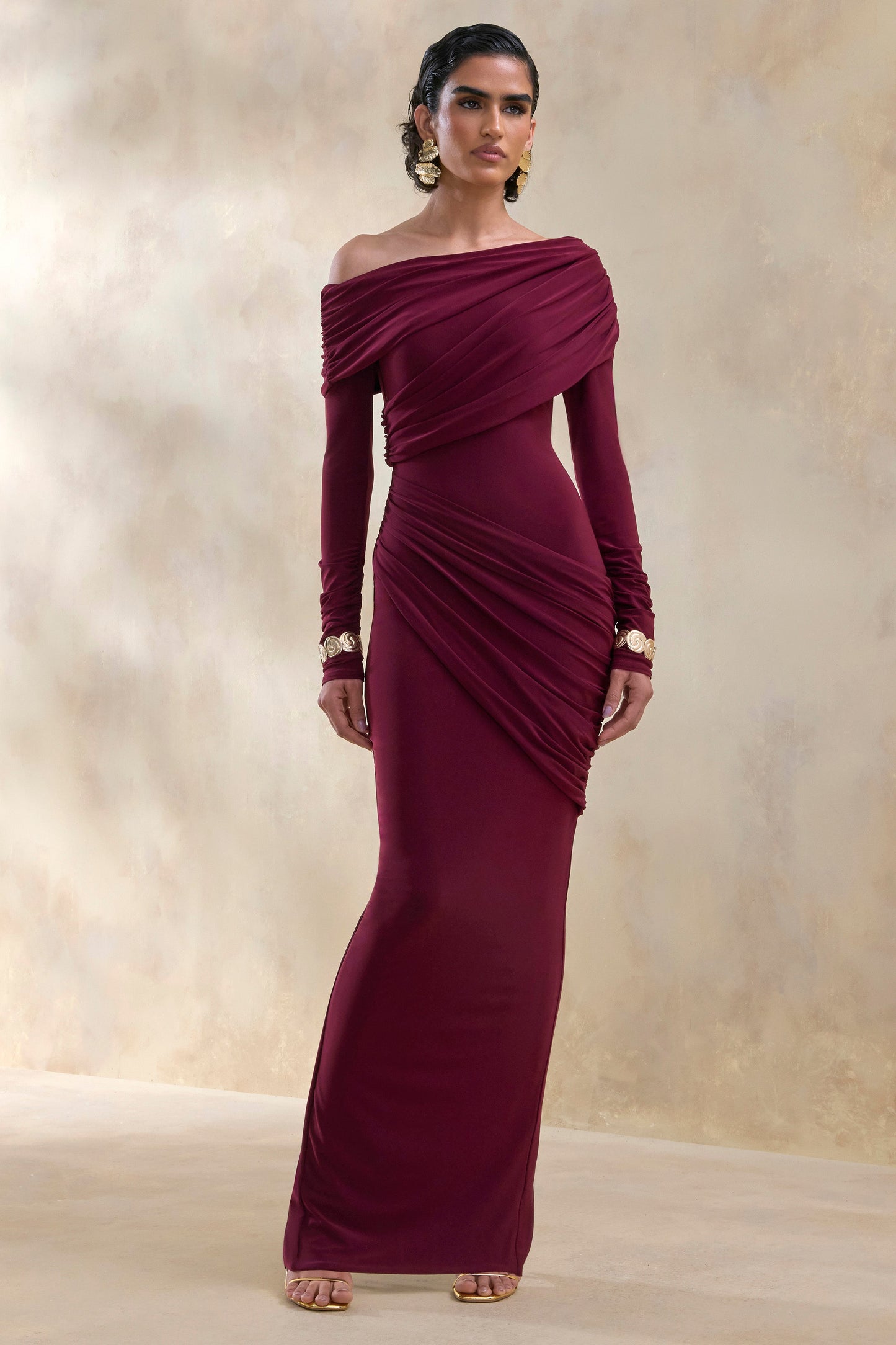 Rosirene | Burgundy Asymmetric-Neck Maxi Dress With Draped-Detailing