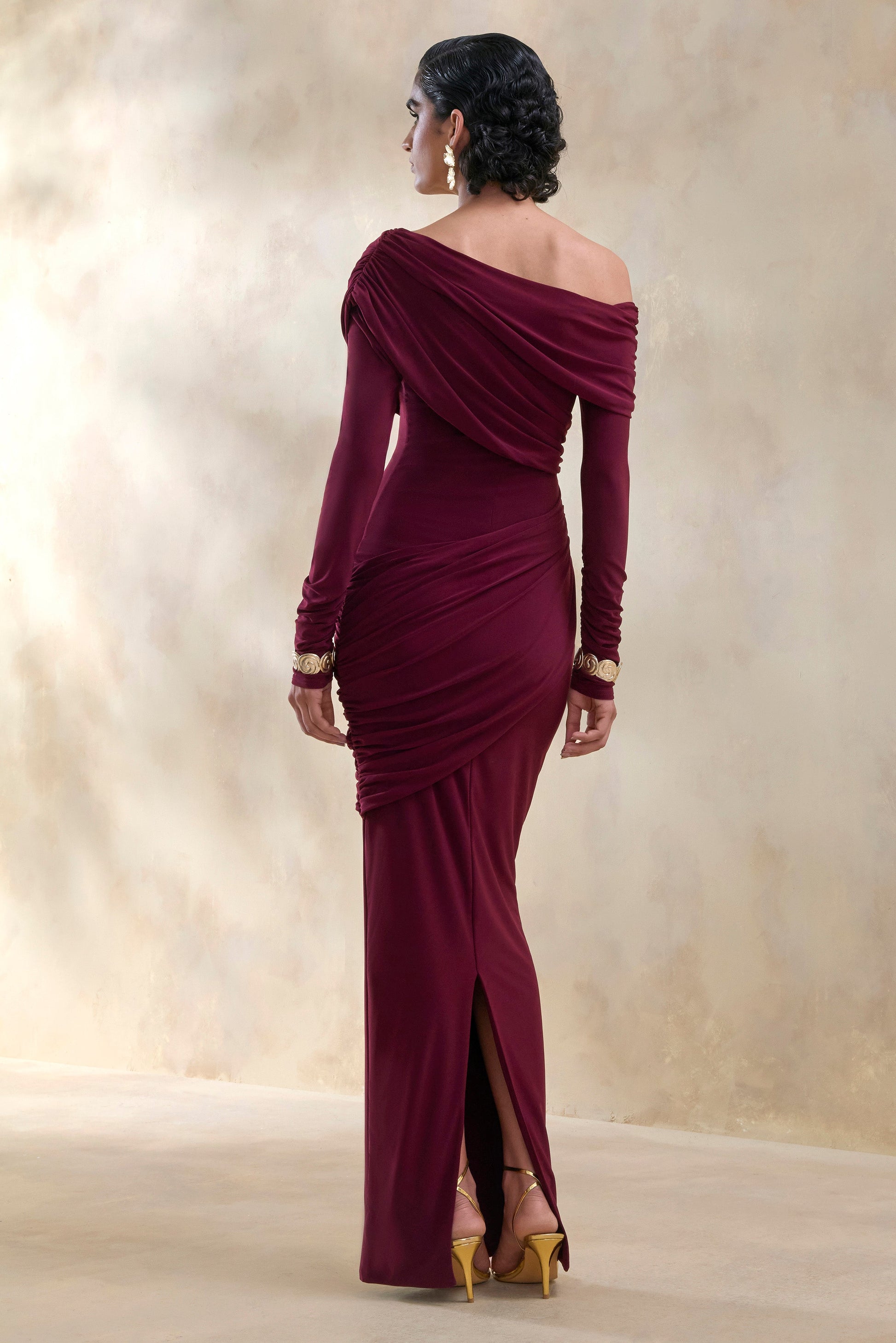 Rosirene | Burgundy Asymmetric-Neck Maxi Dress With Draped-Detailing