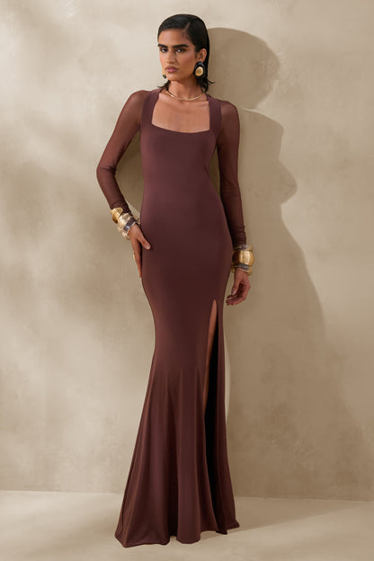 Renalia | Brown Square-Neck Maxi Dress With Mesh Long-Sleeves