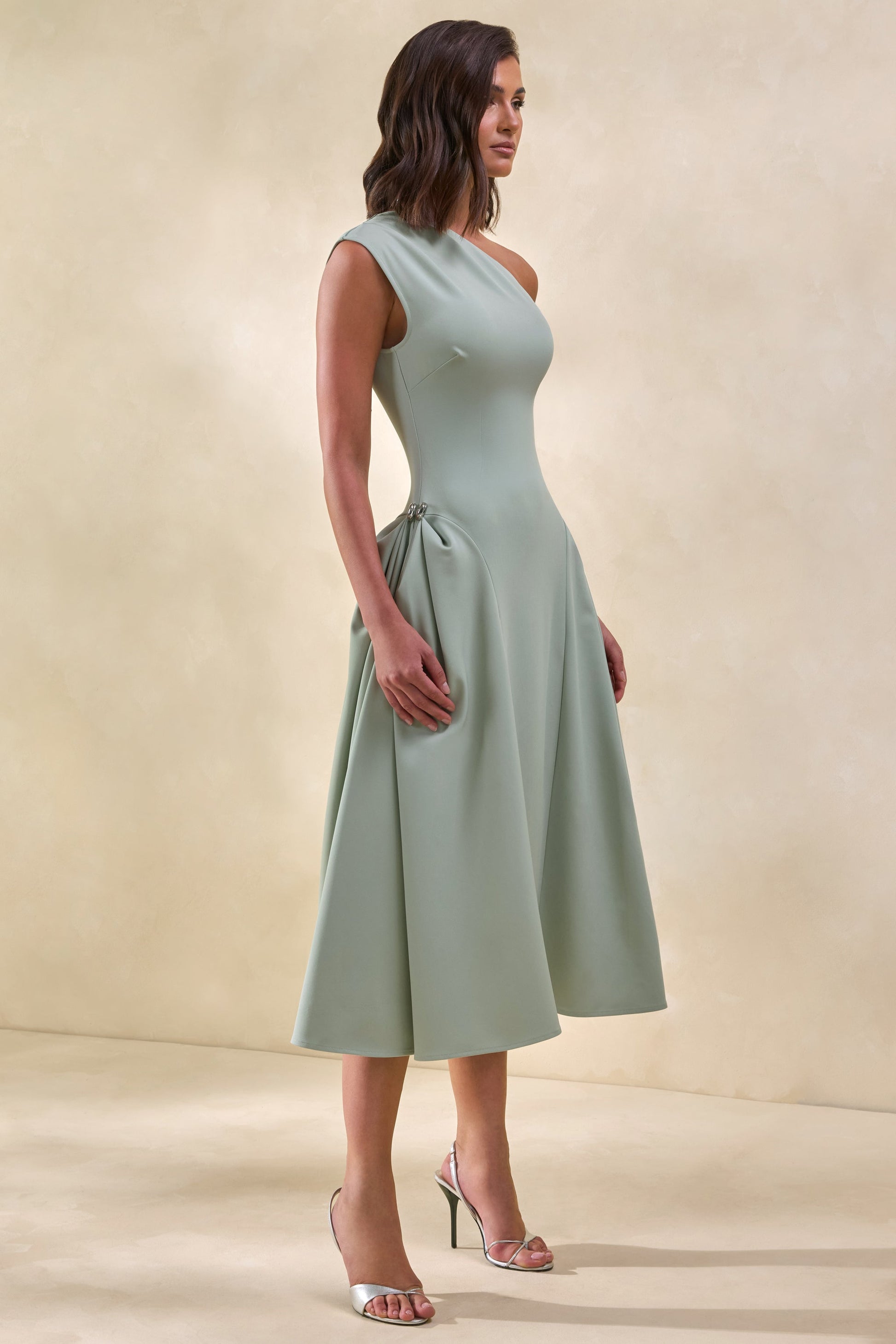 Celosia | Sage Asymmetric-Neck Midi Dress With Silver Detailing