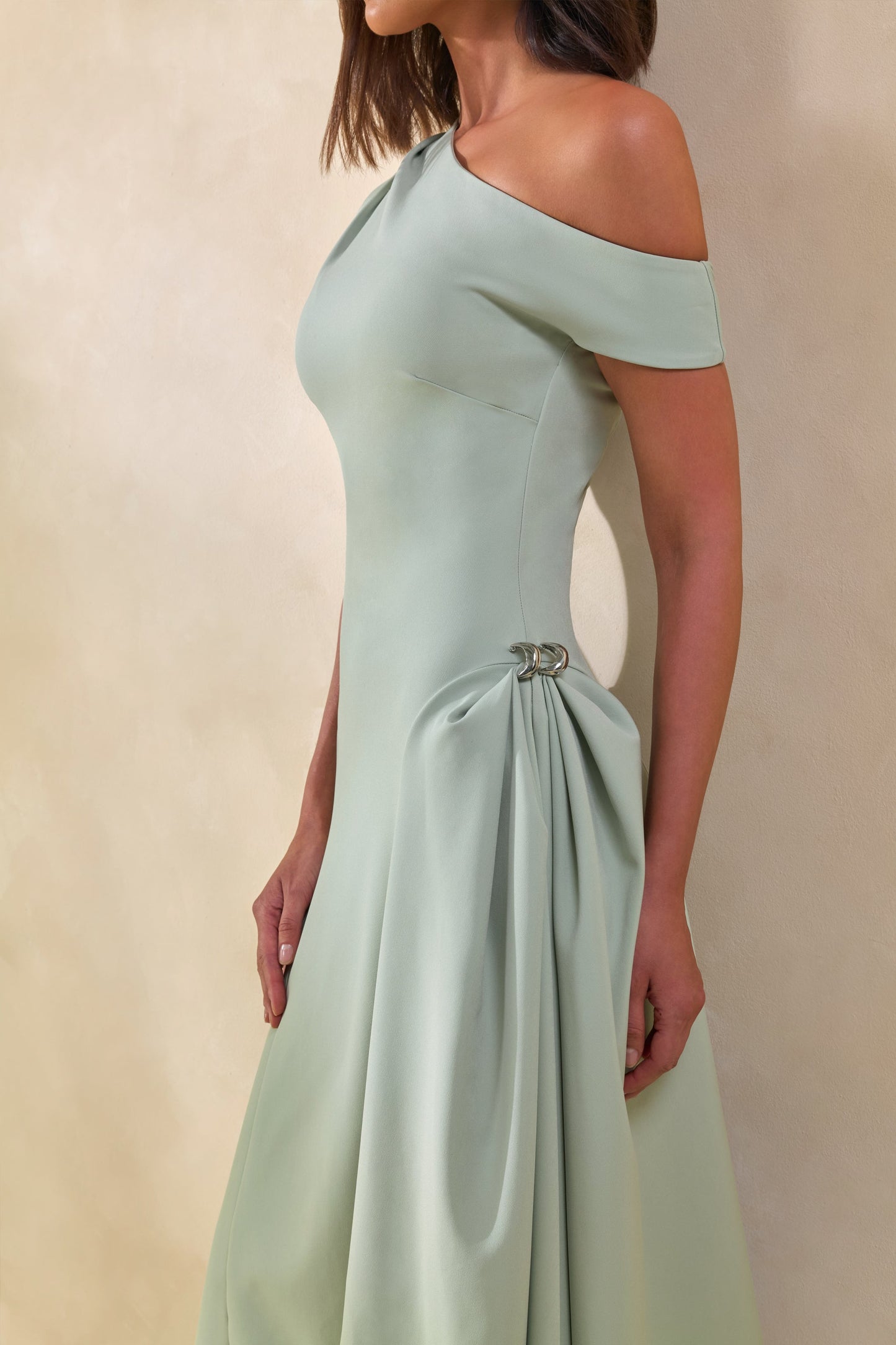 Celosia | Sage Asymmetric-Neck Midi Dress With Silver Detailing