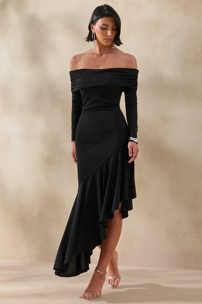 Goldara | Black Bardot-Neck Maxi Dress With Ruffled Asymmetric-Hem