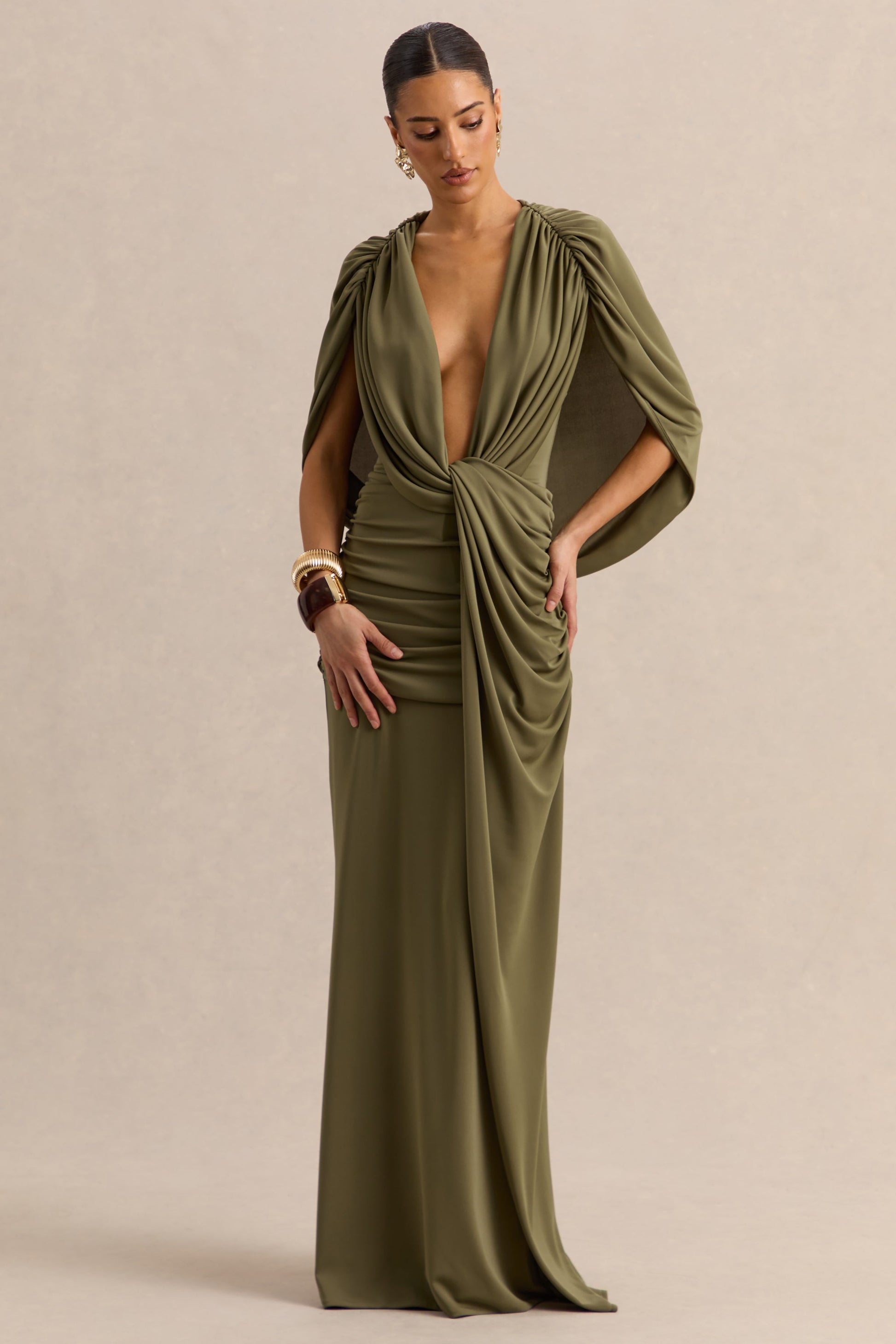 Marisea | Green Plunge-Neck Maxi Dress With Cape-Sleeves