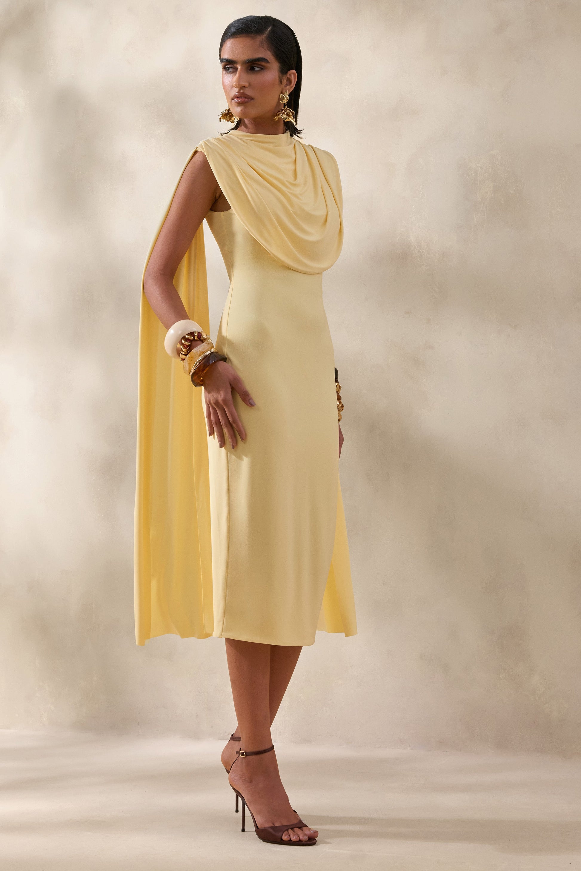 Lysandria | Lemon High-Neck Midi Dress With Draped-Detailing