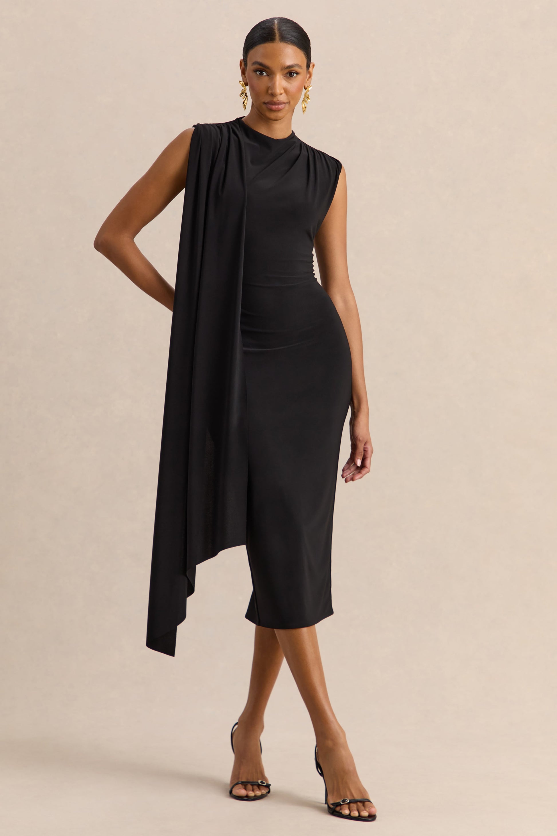 Oleandra | Black High-Neck Midi-Dress With Draped-Detail