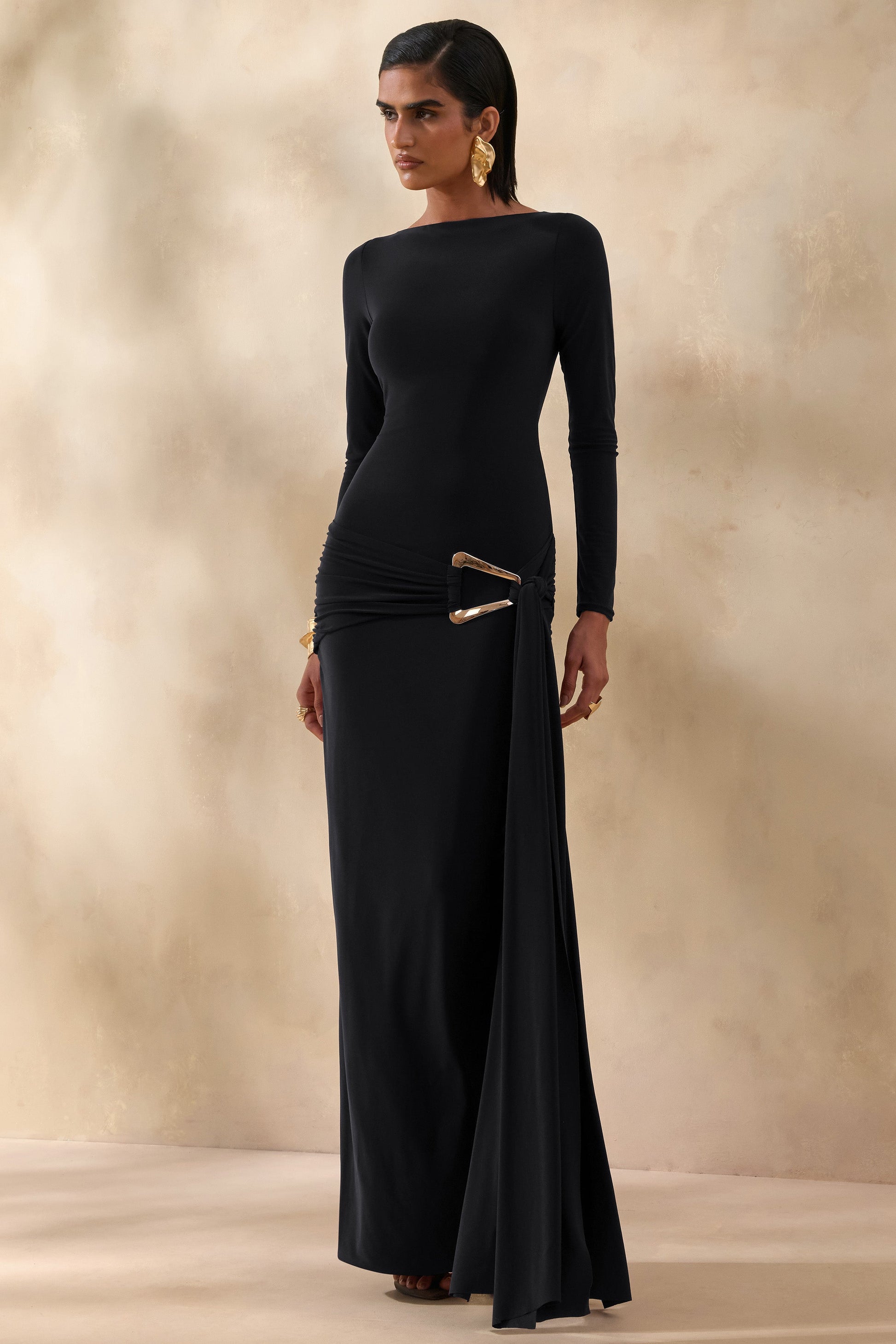 Astrielle | Black Wide-Neck With Gold-Detail And Sash