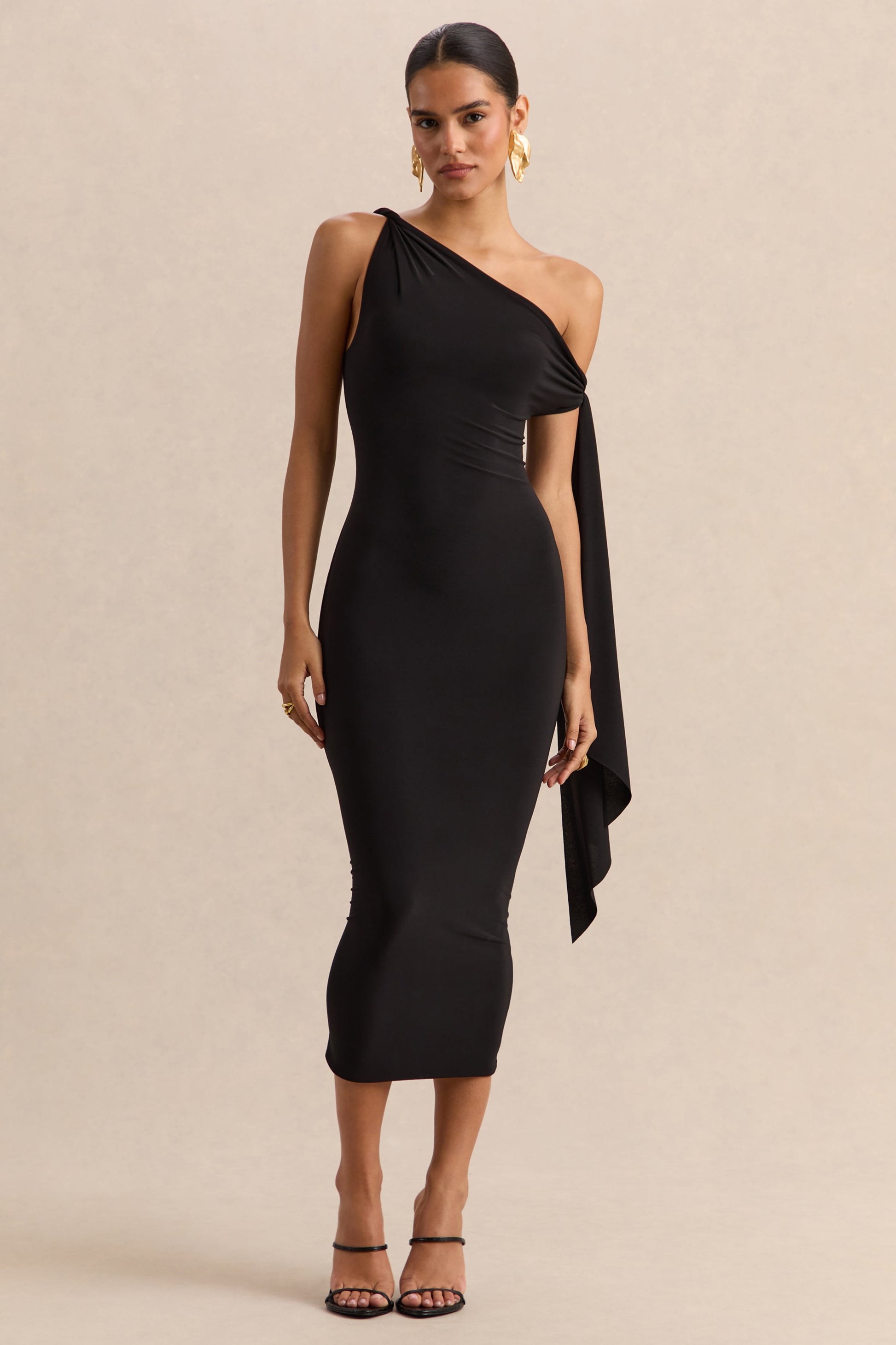 Arcelia | Black Asymmetric-Neck Midi Dress With Knot-Sleeve Detail
