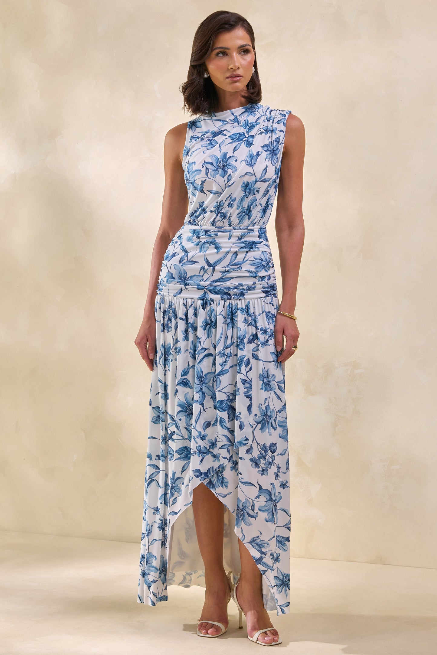 Myssara | Blue Porcelain-Print High-Neck Maxi Dress Gathered-Detailing