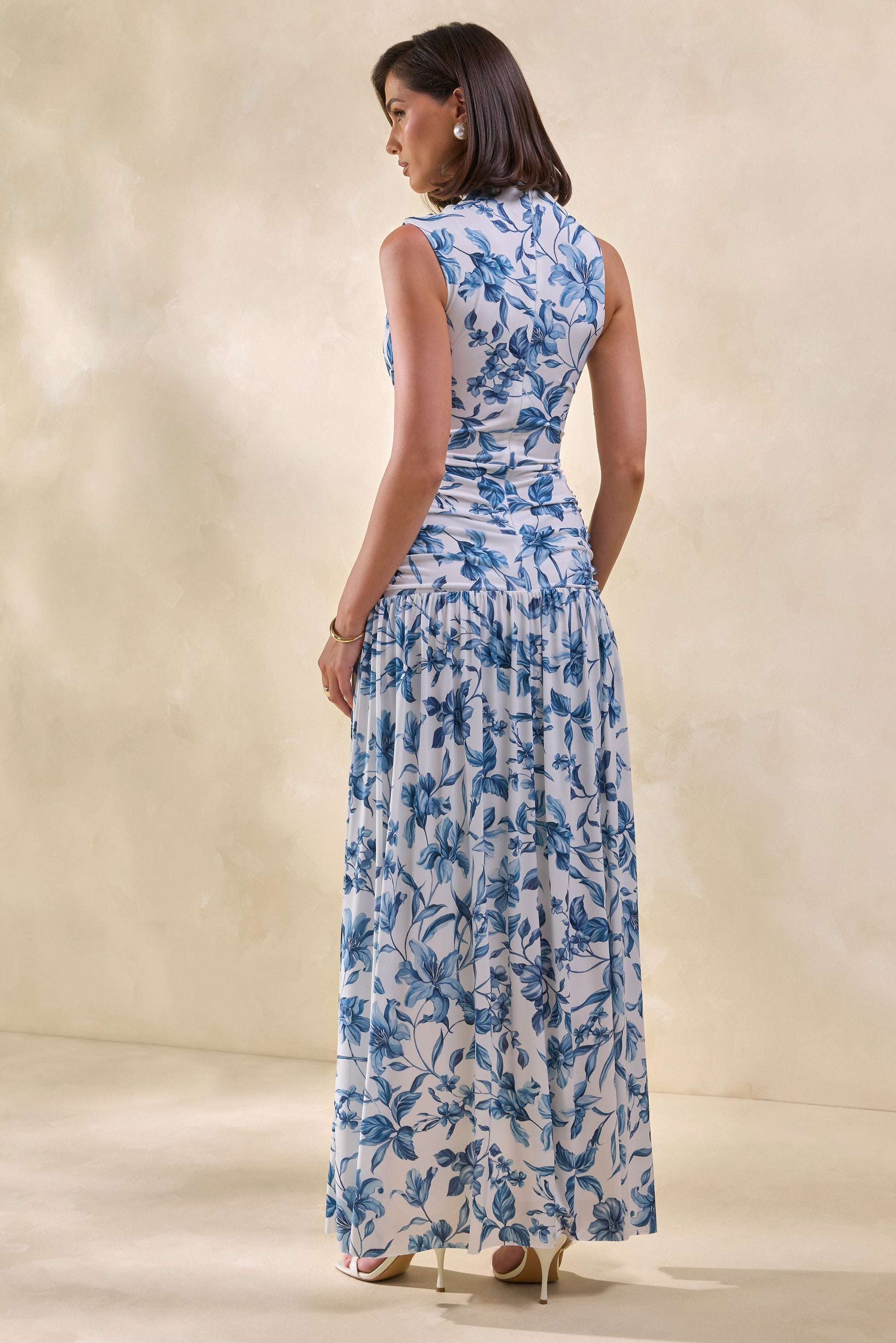 Myssara | Blue Porcelain-Print High-Neck Maxi Dress Gathered-Detailing