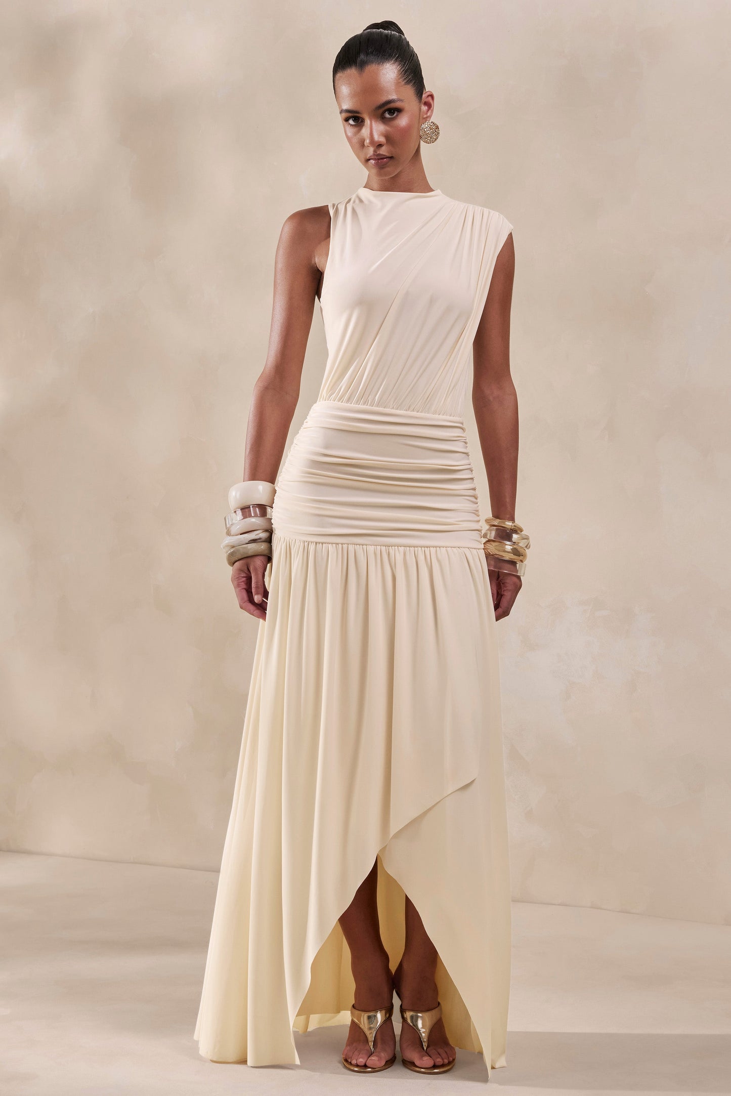 Myssara | Cream High-Neck Maxi Dress Gathered-Detailing