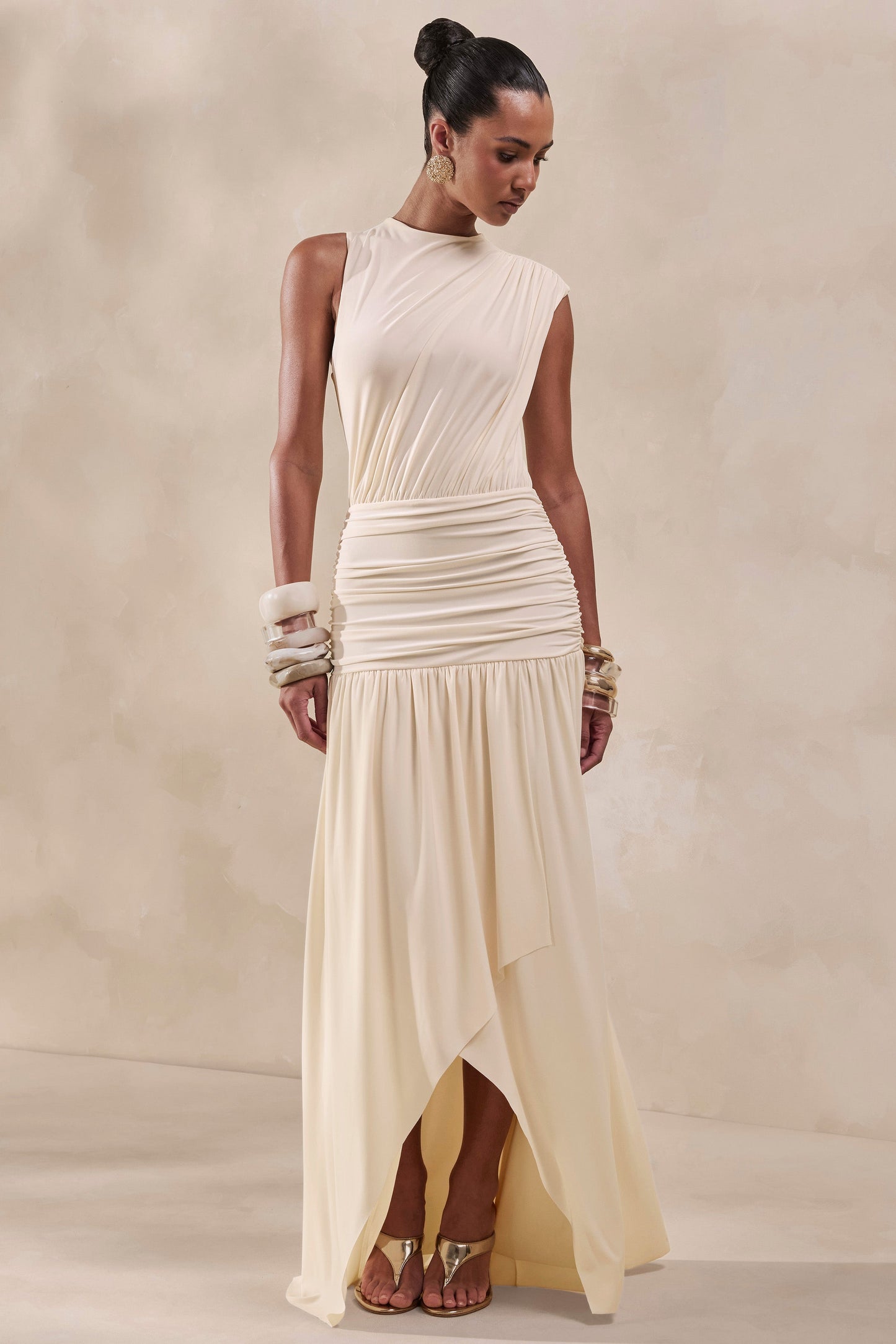 Myssara | Cream High-Neck Maxi Dress Gathered-Detailing