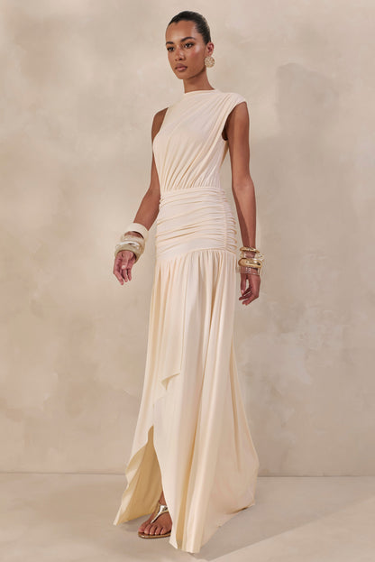 Myssara | Cream High-Neck Maxi Dress Gathered-Detailing