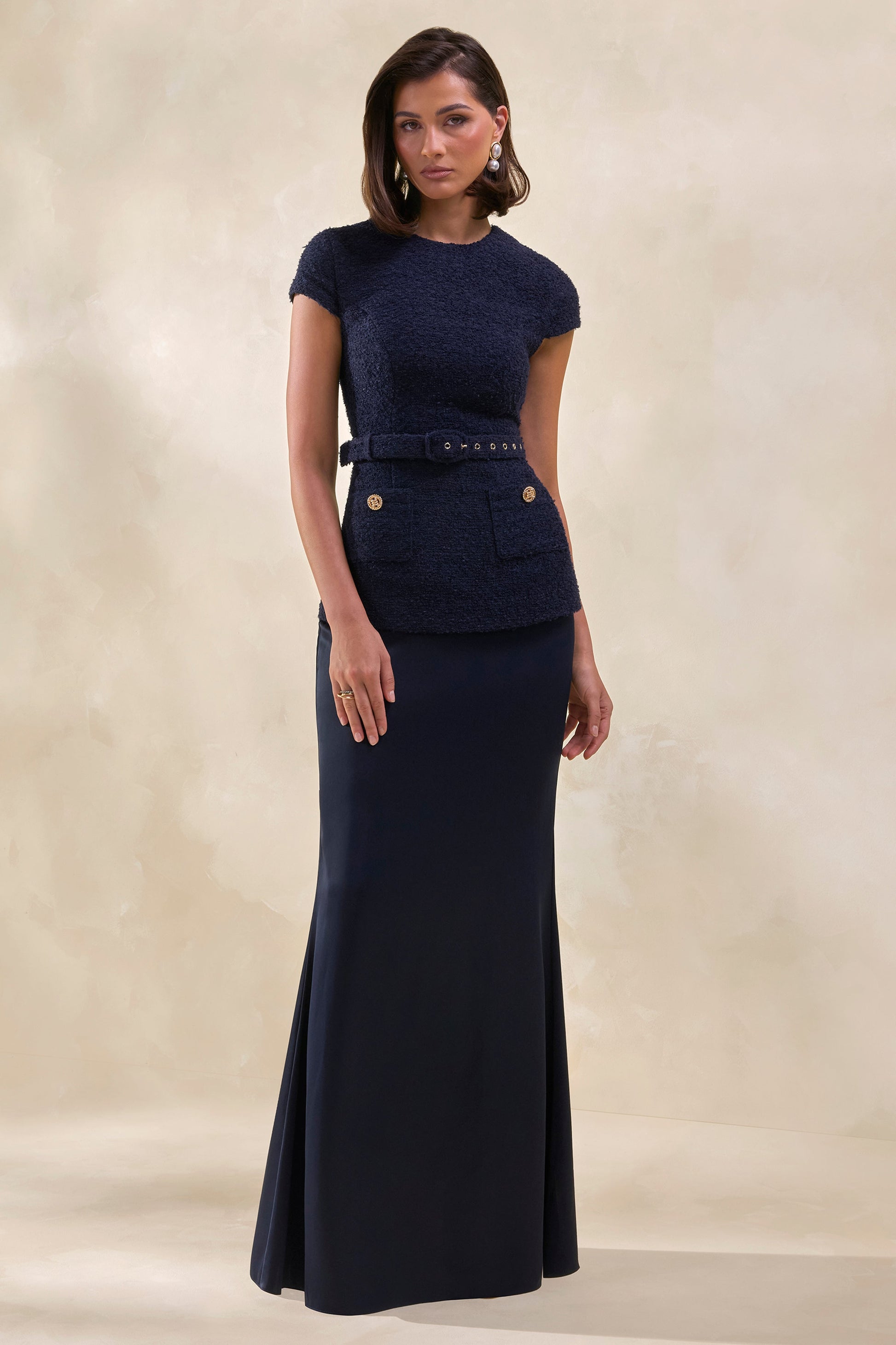 Whispera | Navy Crew-Neck Maxi Dress With Satin Skirt And Pocket-Details