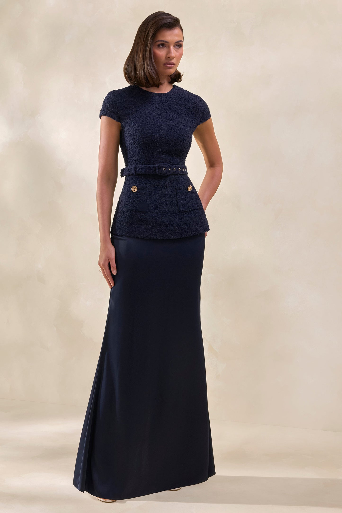 Whispera | Navy Crew-Neck Maxi Dress With Satin Skirt And Pocket-Details