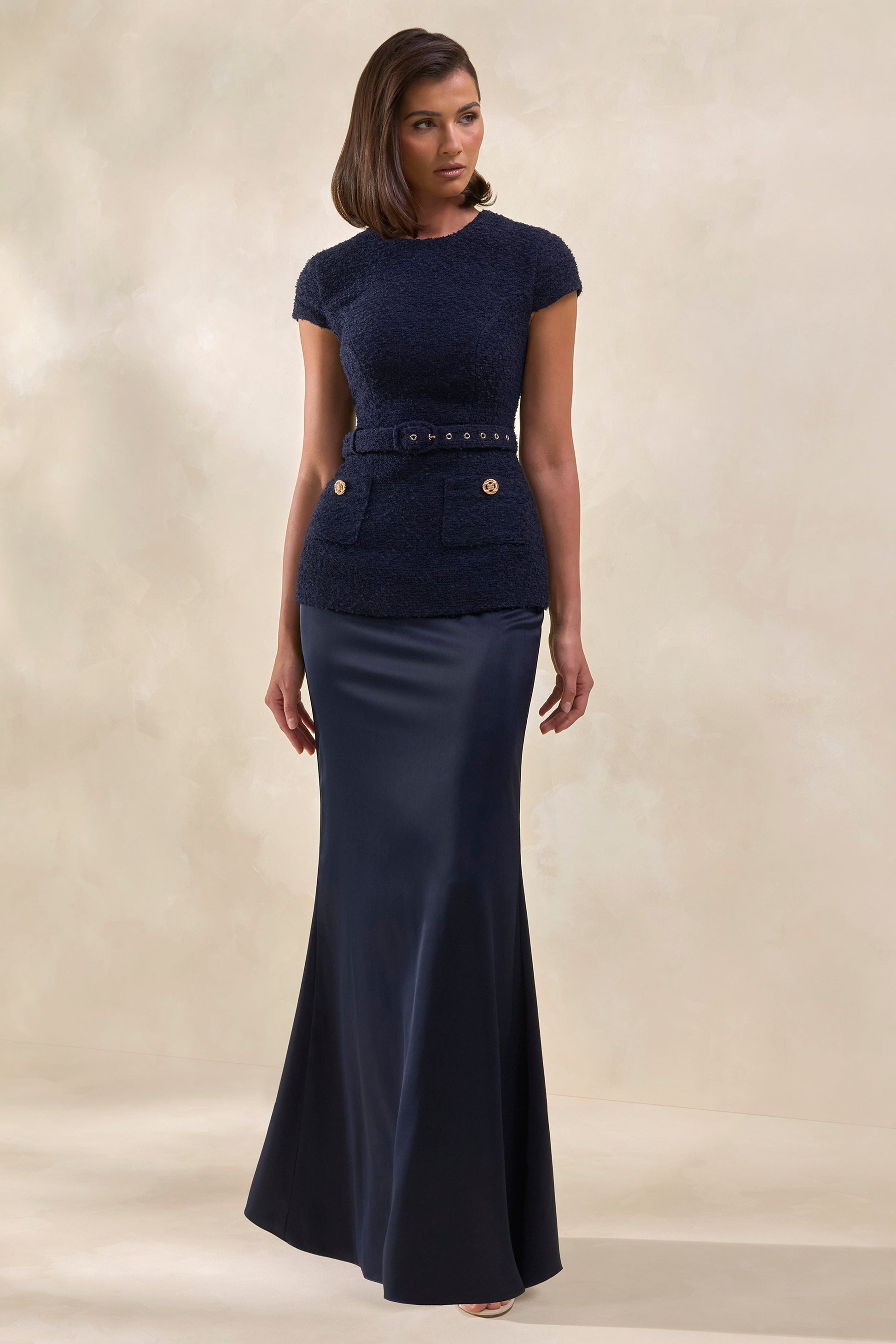 Whispera | Navy Crew-Neck Maxi Dress With Satin Skirt And Pocket-Details