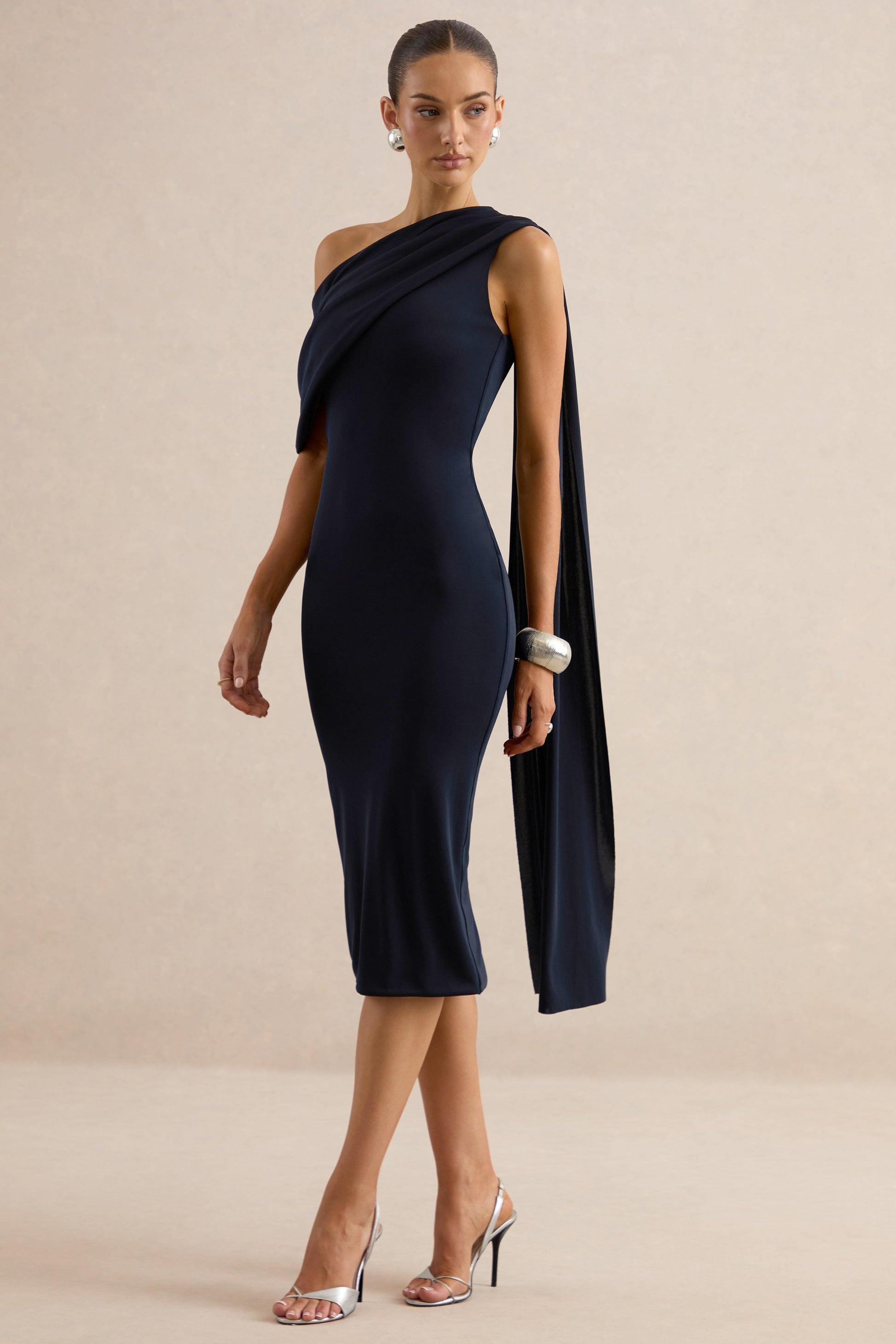 Madelisse | Navy Asymmetric-Neck Midi Dress With Sash