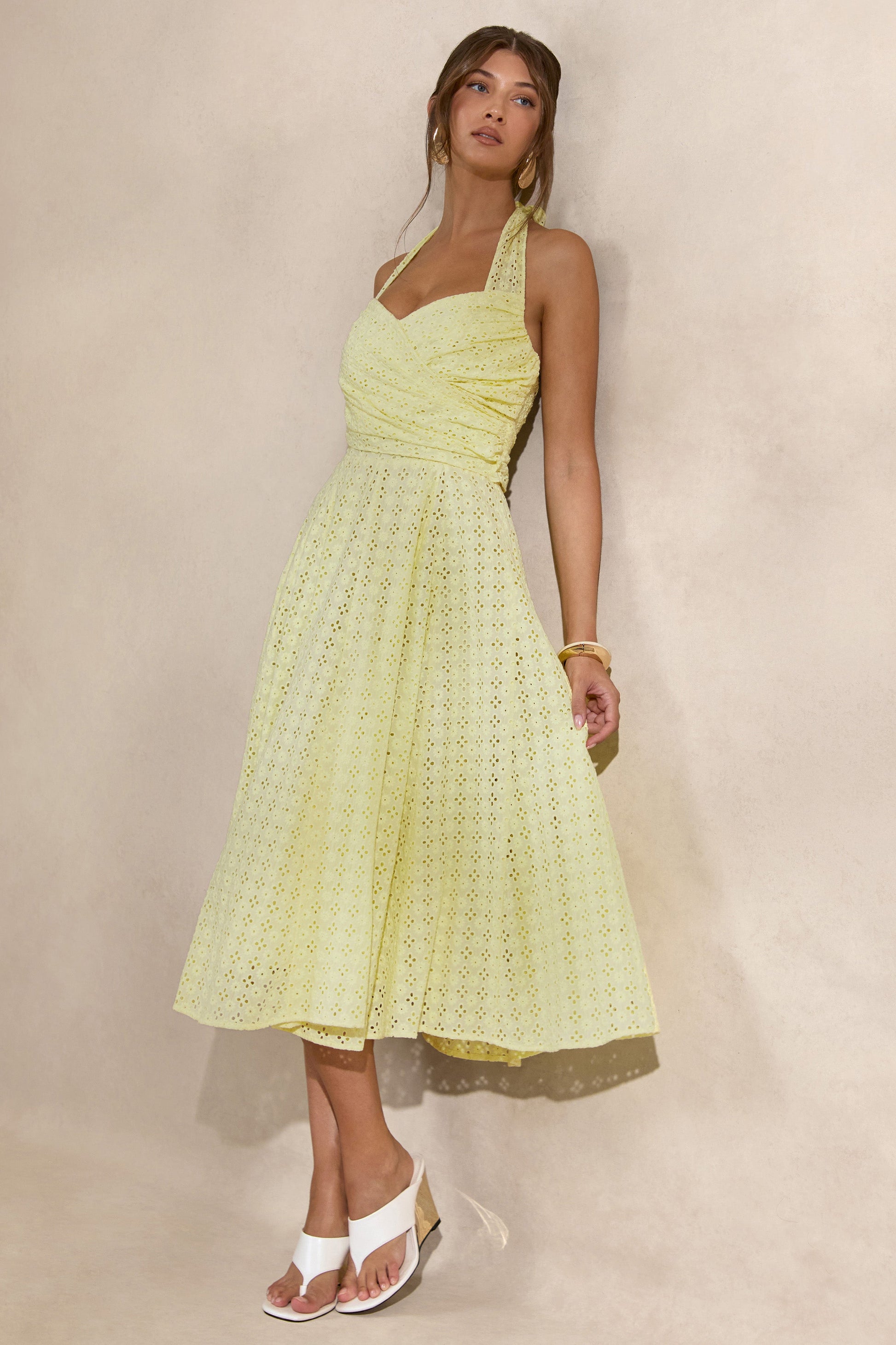 Naz | Lemon Broderie Halter-Neck Midi Dress
