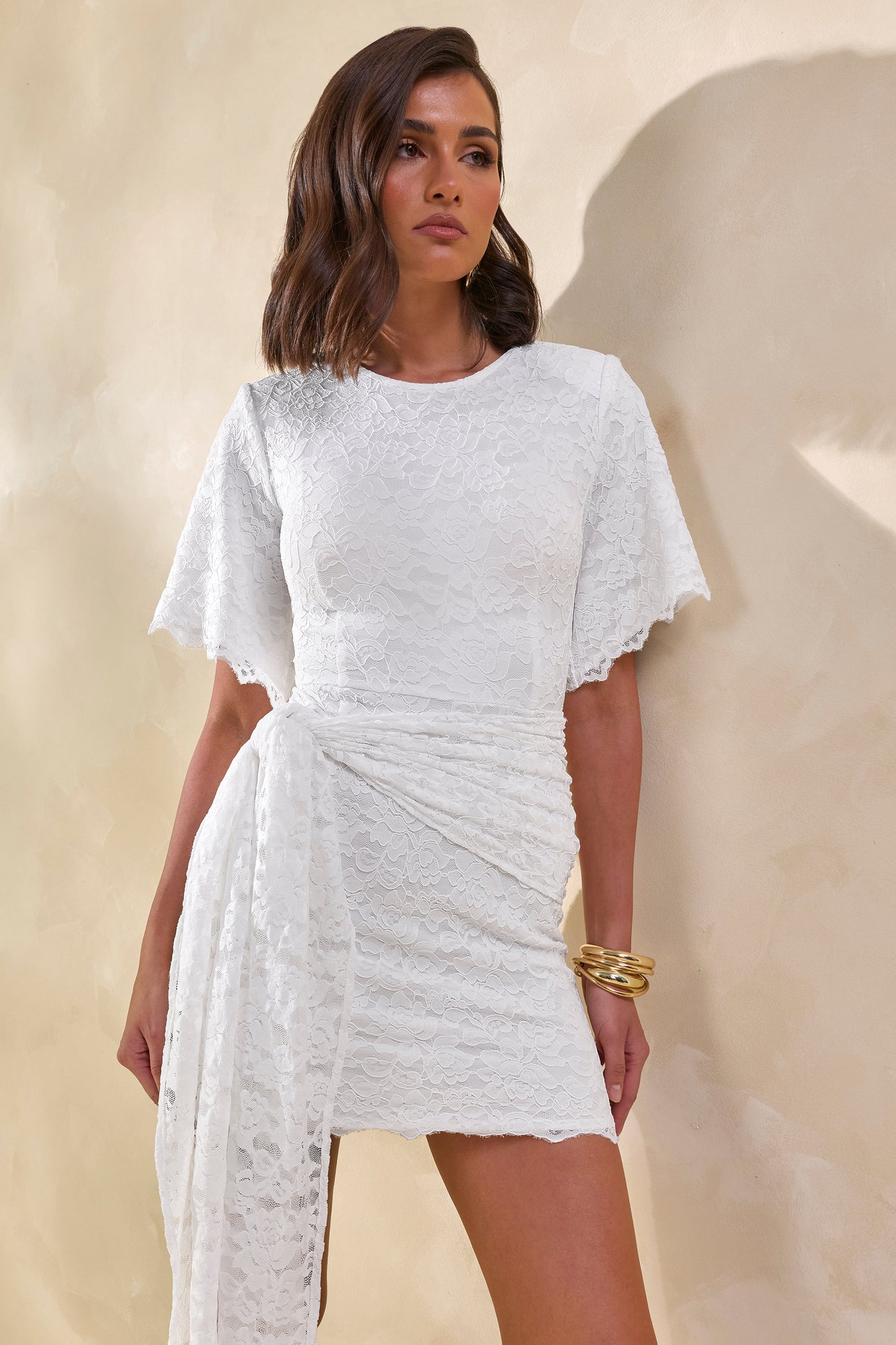 Empressa | White Lace Round-Neck Mini Dress With Wrap-Detail