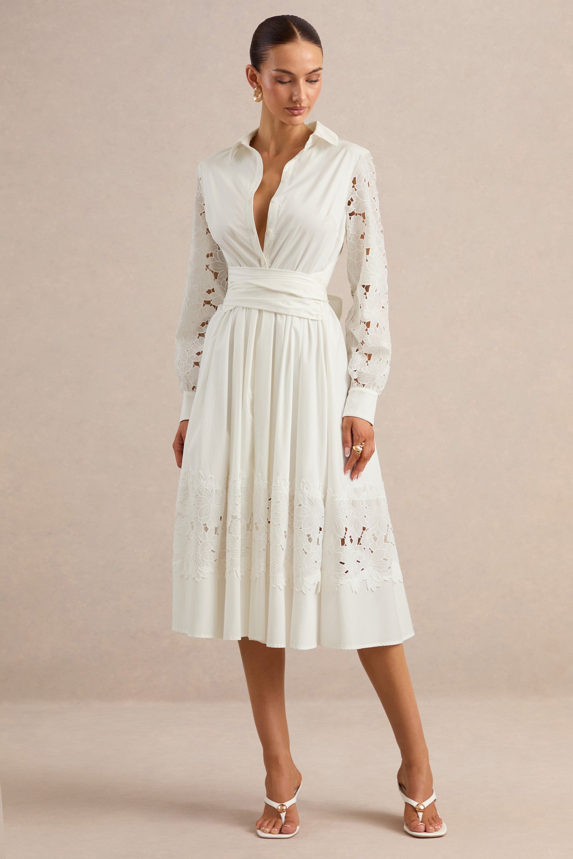 Zalynne | White Broderie Collared-Neck Midi Dress