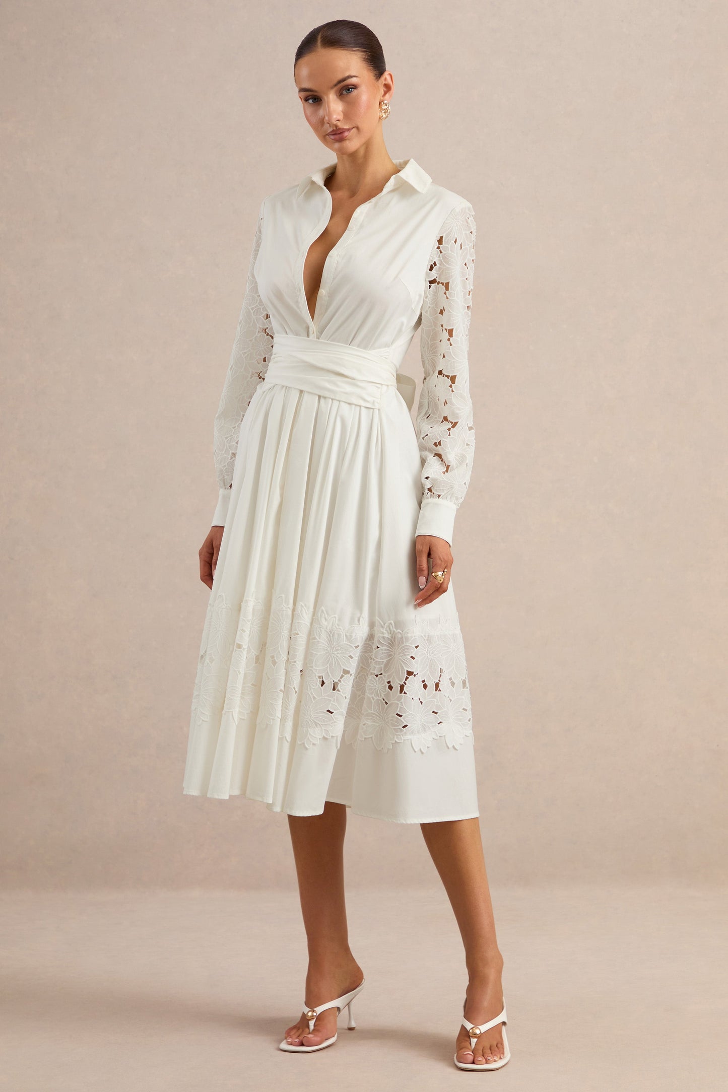 Zalynne | White Broderie Collared-Neck Midi Dress