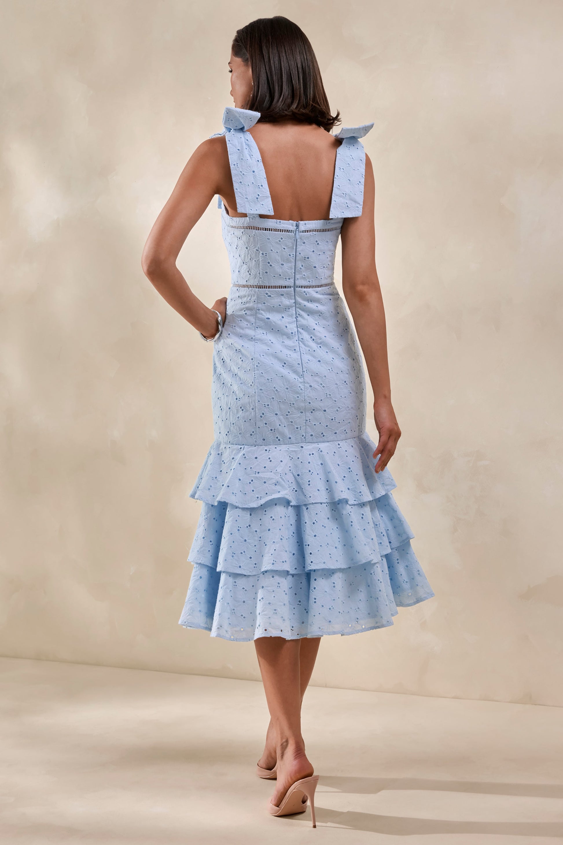 Velissia | Blue Broderie Square-Neck Midi Dress With Bow-Sleeves And Ruffled-Hem