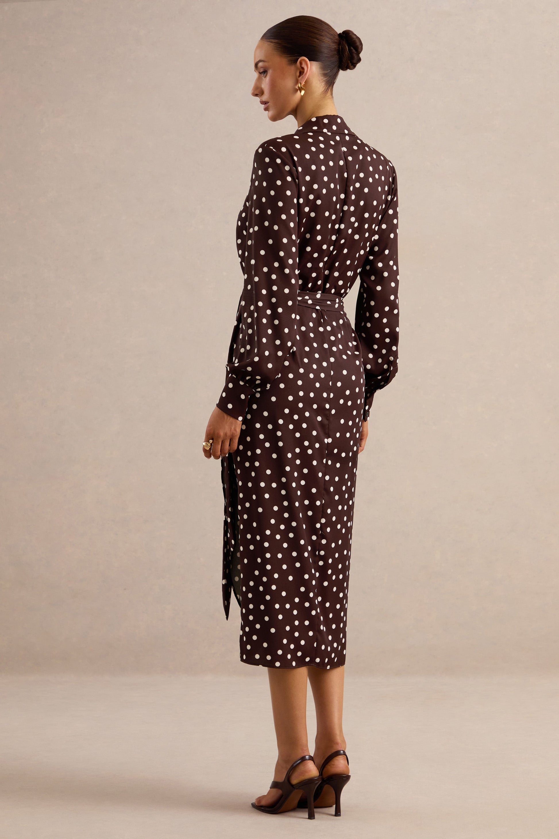 Amarosia | Brown Polka-Dot Wrap Shirt Midi-Dress