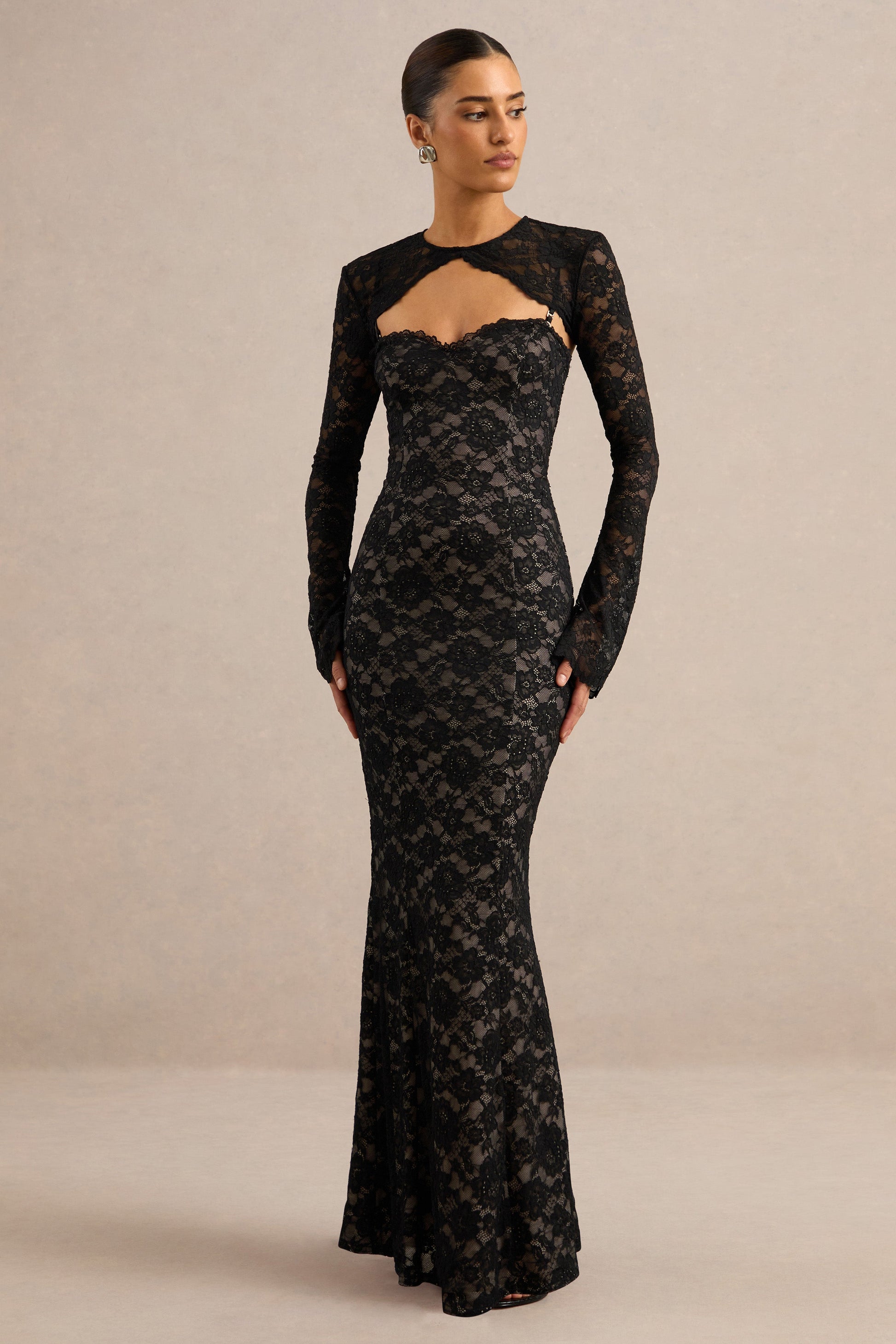 Mirellia | Black Lace Sweetheart-Neck Maxi Dress