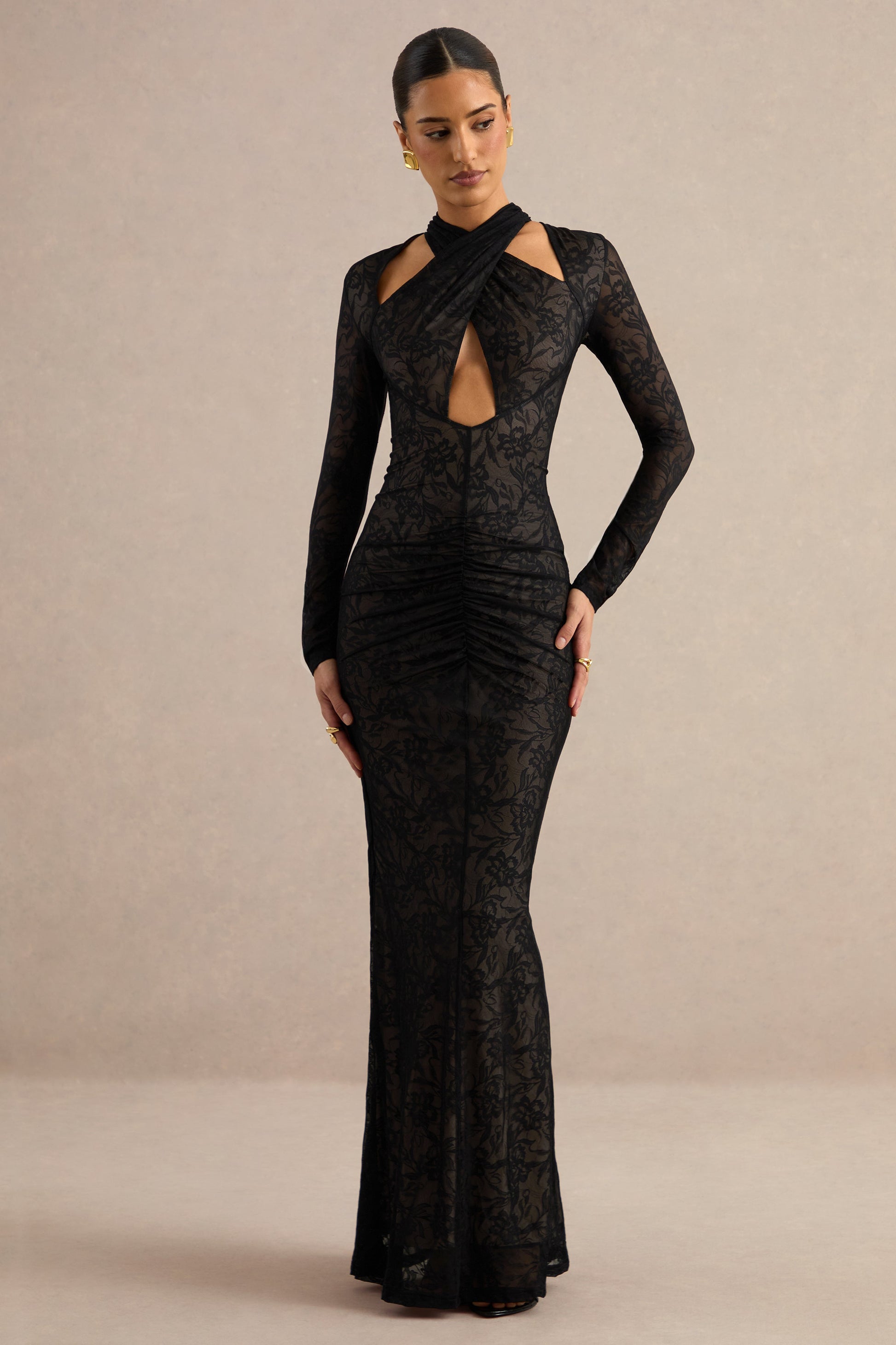 Perriane | Black Lace Halter-Neck Maxi Dress With Cut-Out Details