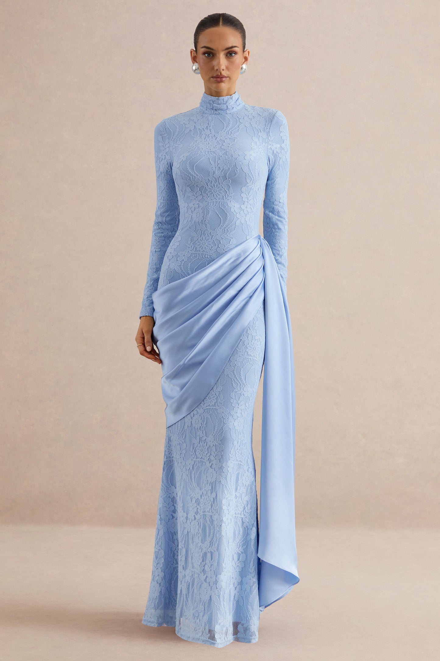 Enestra | Powder Blue High-Neck Lace Maxi-Dress With Draped-Skirt
