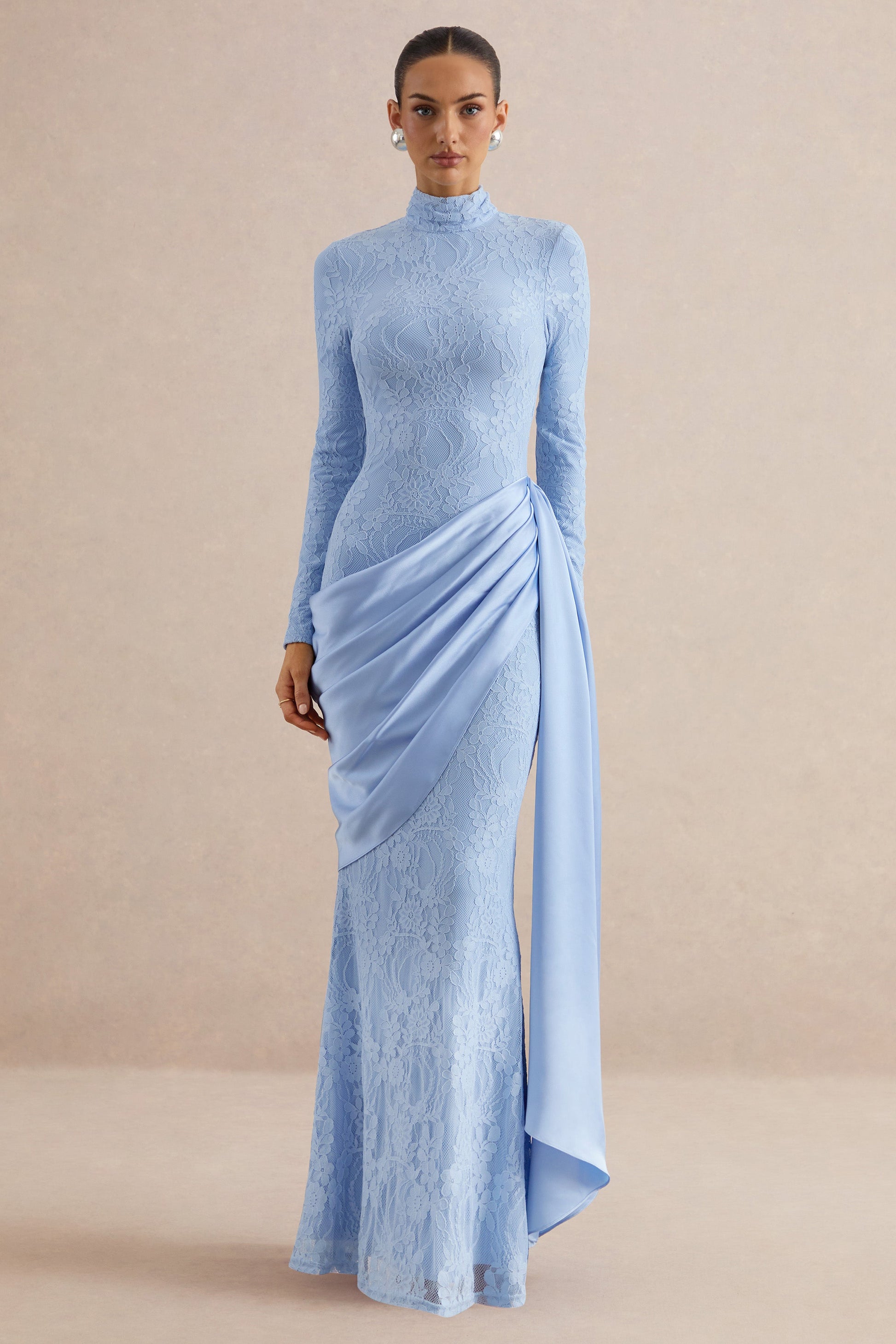 Enestra | Powder Blue High-Neck Lace Maxi-Dress With Draped-Skirt
