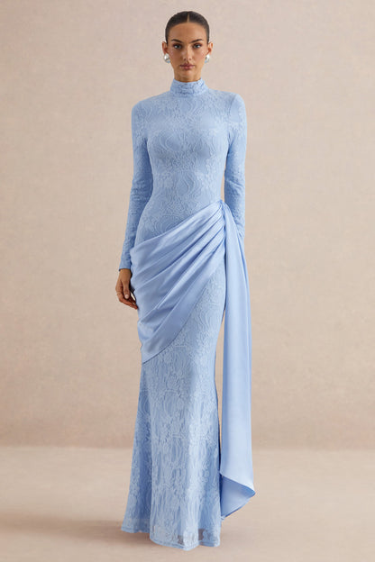Enestra | Powder Blue High-Neck Lace Maxi-Dress With Draped-Skirt